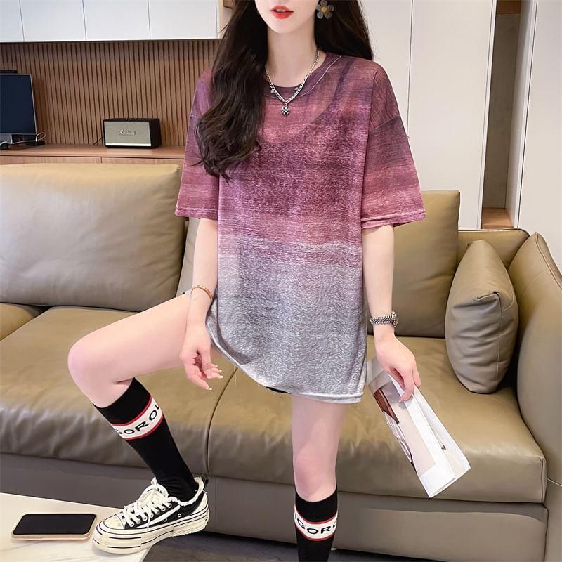 Elbow-Sleeve Round Neck Striped Tee Product Image