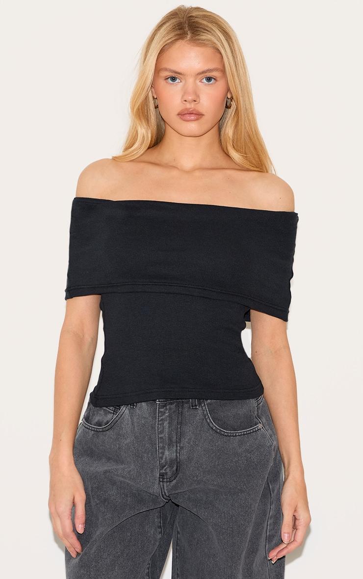 Black Ribbed Foldover Bardot Top Product Image
