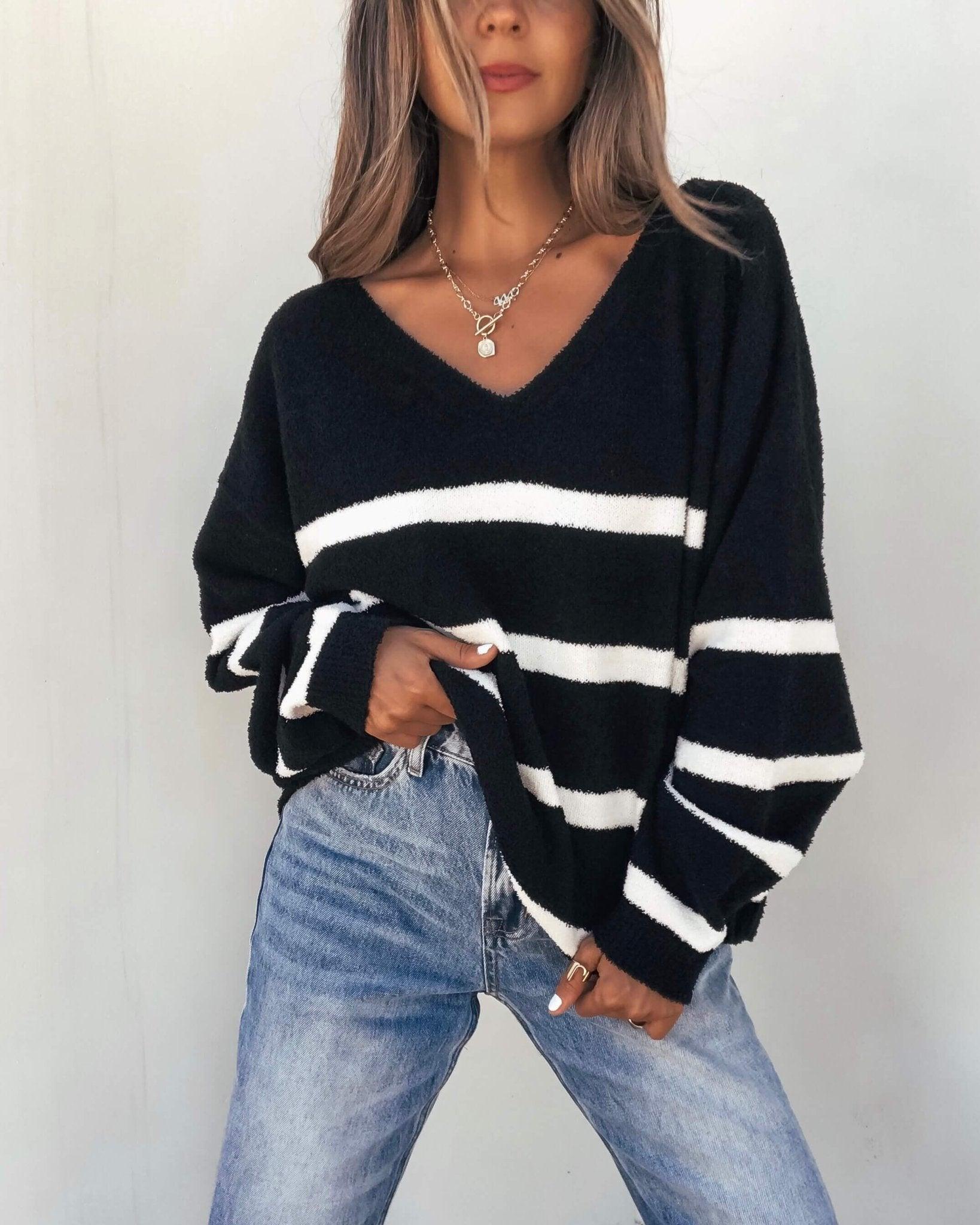 Black and White Striped V Neck Sweater - FINAL SALE Product Image