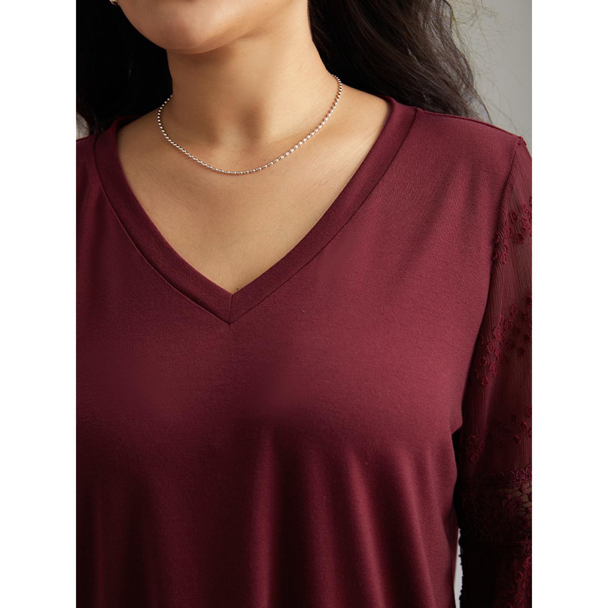 Plus Size Supersoft Essentials Solid Guipure Lace Cut Out T-shirt Burgundy Women Elegant Elastic cuffs Plain V-neck Dailywear T-shirts BloomChic 26/4X Product Image