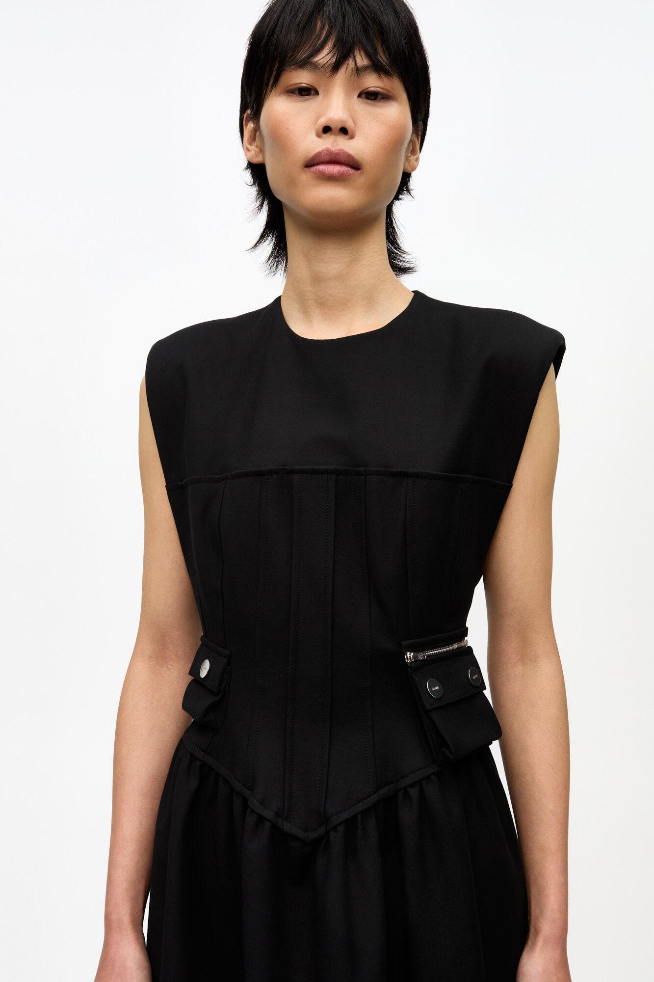 Black Heavy Cotton Corset Midi Dress Product Image