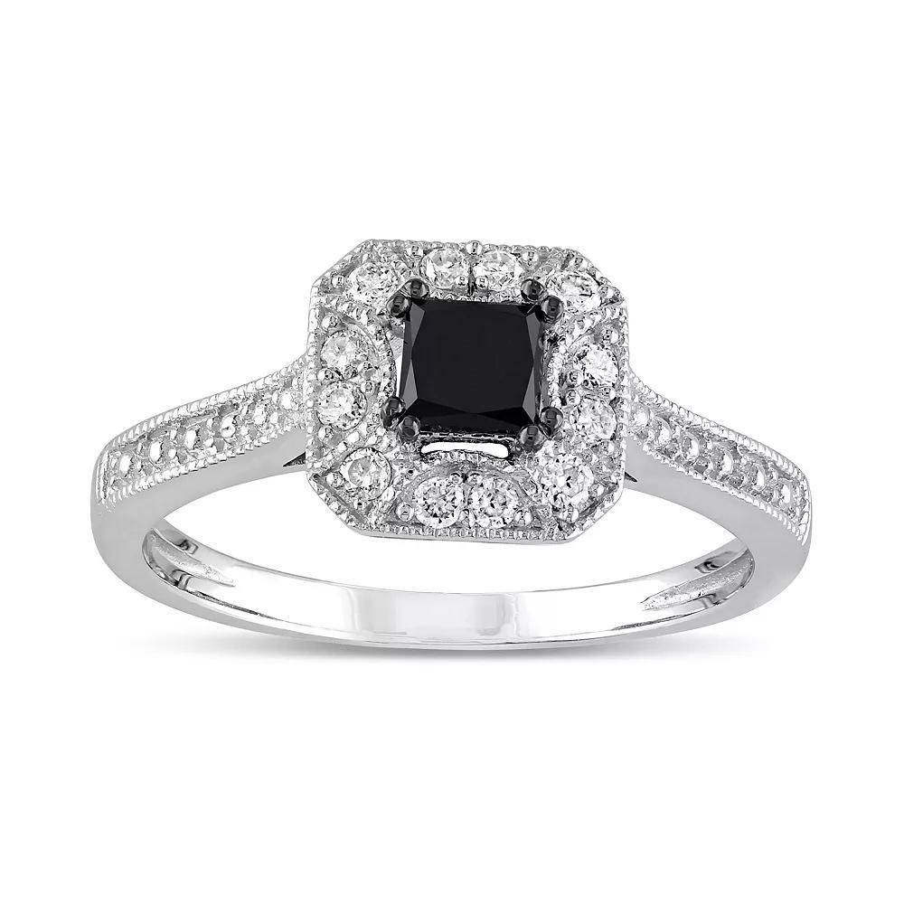 Stella Grace 10k White Gold 1/2 Carat T.W. Black & White Diamond Halo Engagement Ring, Women's, Size: 6, 10k Whgold Product Image