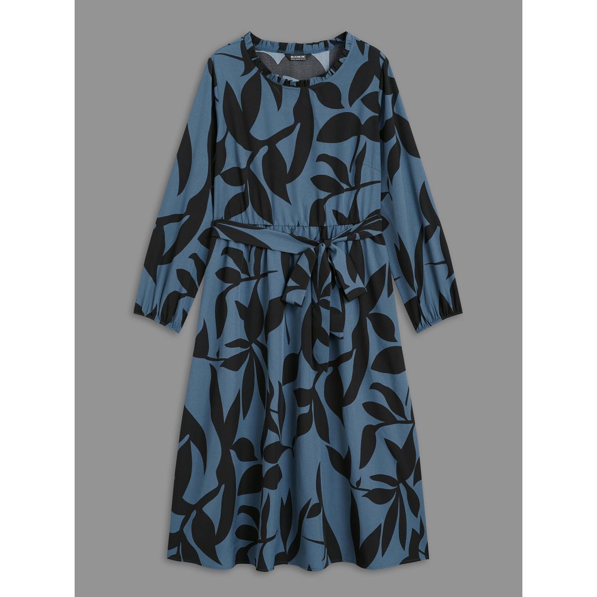 Plus Size Silhouette Floral Print Frill Trim Dress Aegean Women Elegant Belted Round Neck Long Sleeve Curvy BloomChic 30/6X Product Image