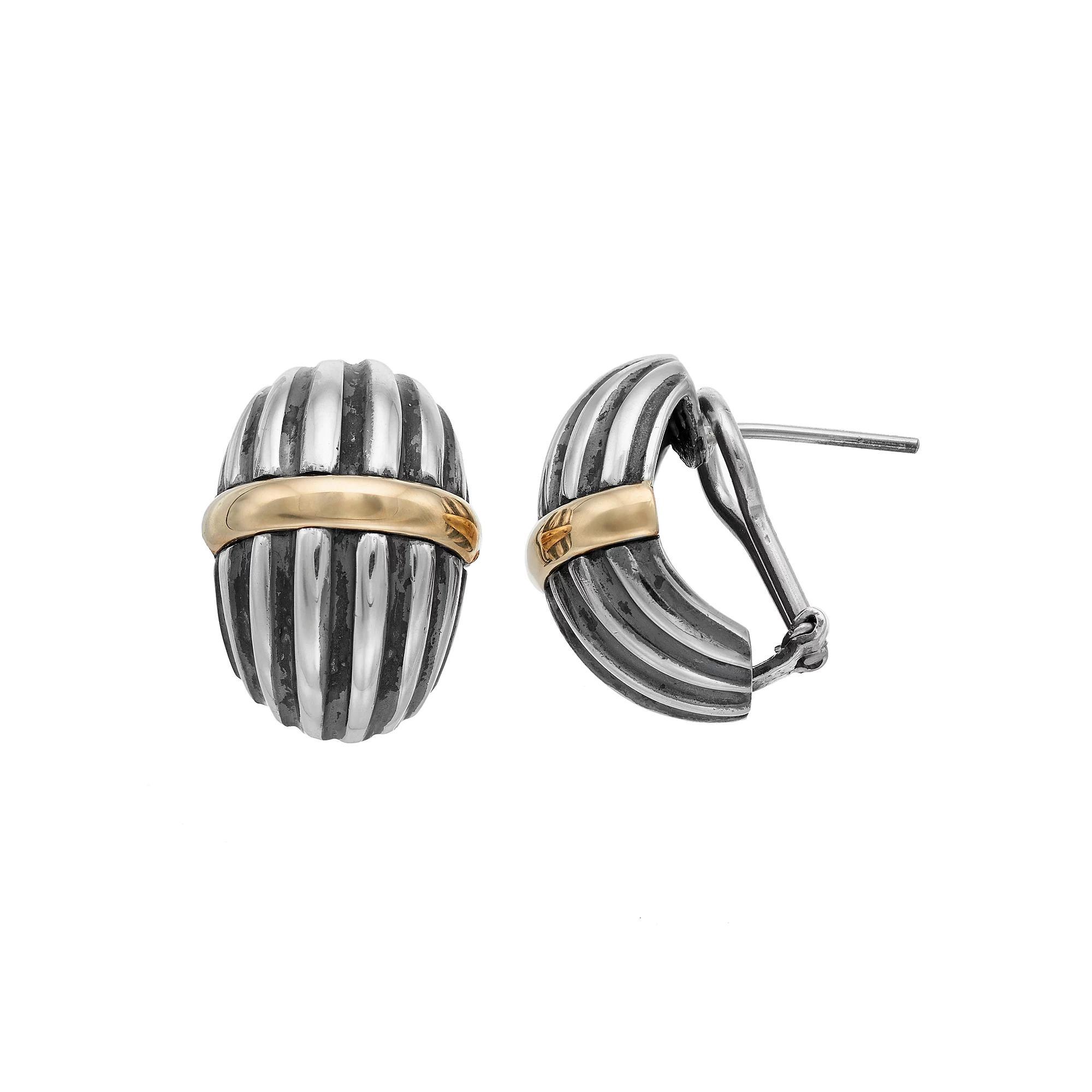 Two Tone Sterling Silver Textured Semi-Hoop Earrings, Women's Product Image
