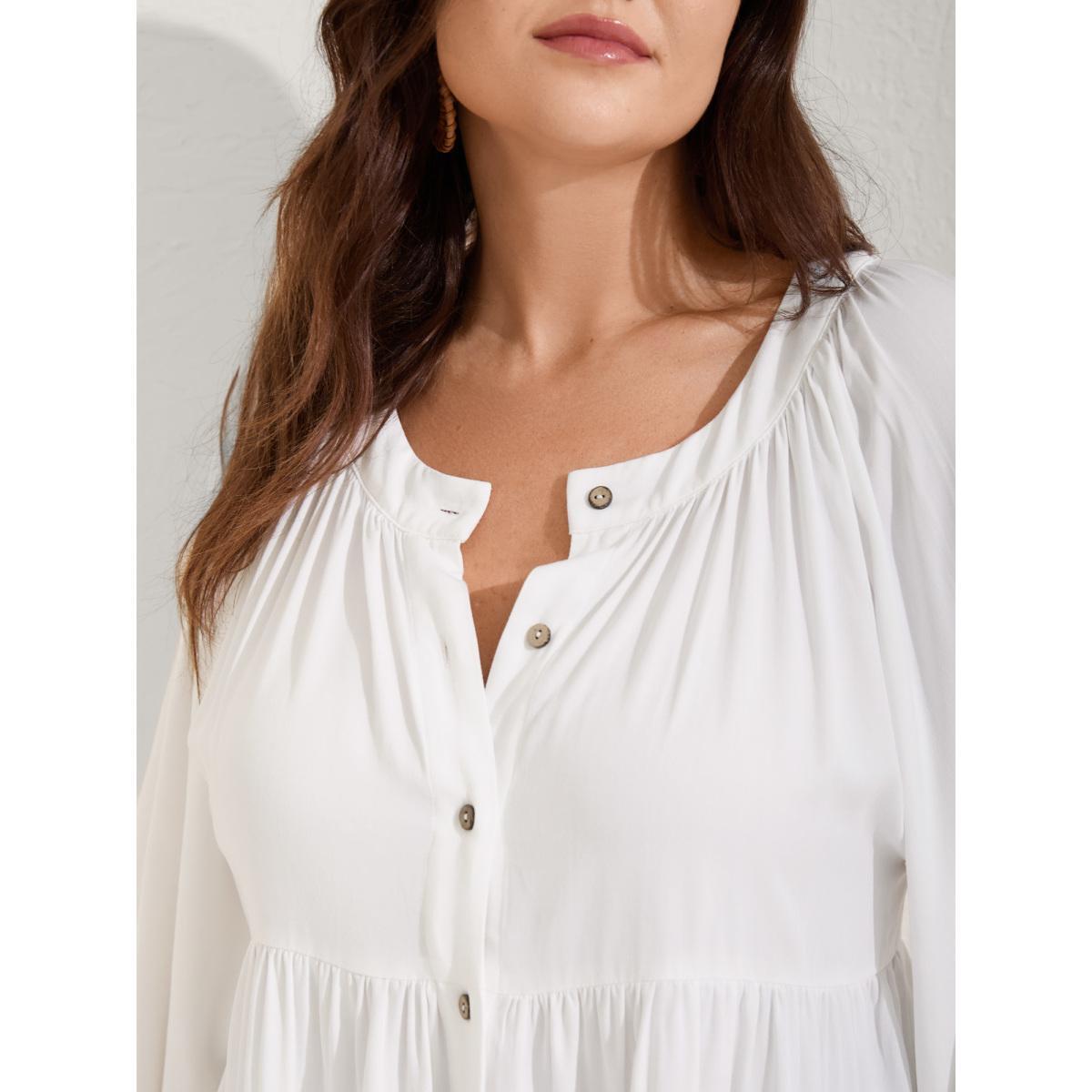 Plus Size Originalwhite Tiered Button Placket Puffy Sleeve Blouse Women Extra Long Sleeve Round Neck Vacation Blouses BloomChic 22-24/3X Product Image