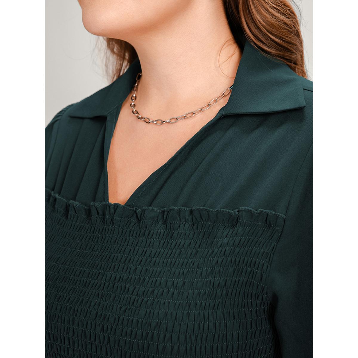 Plus Size DarkGreen Solid Lantern Sleeve Shirred Ruffles Blouse Women Office Long Sleeve Shirt collar Work Blouses BloomChic 22-24/3X Product Image