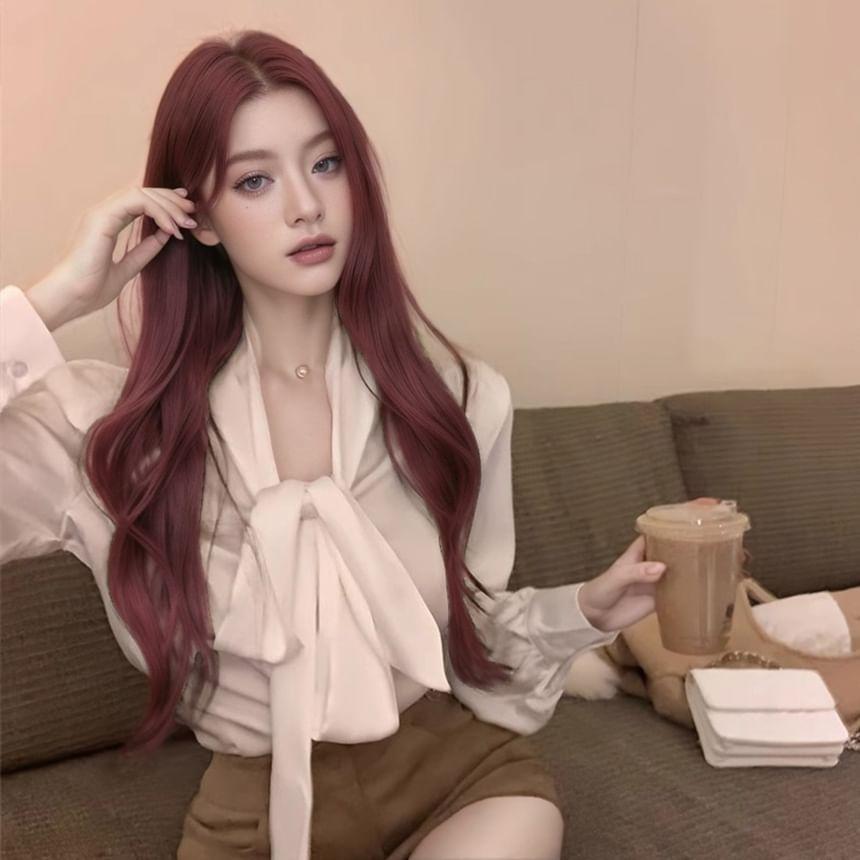 Long Sleeve Tie Neck Plain Blouse Product Image