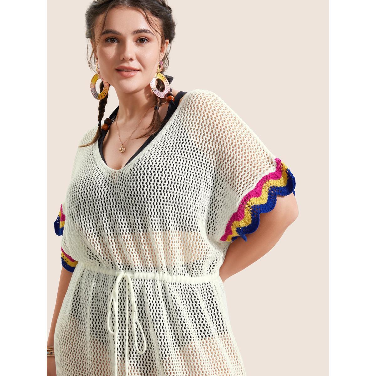 Plus Size Deep V Neck Contrast Striped Drawstring Swim Cover Up Women's Swimwear Ivory Beach Loose Texture Curve Swim Cover Ups BloomChic 10/M Product Image