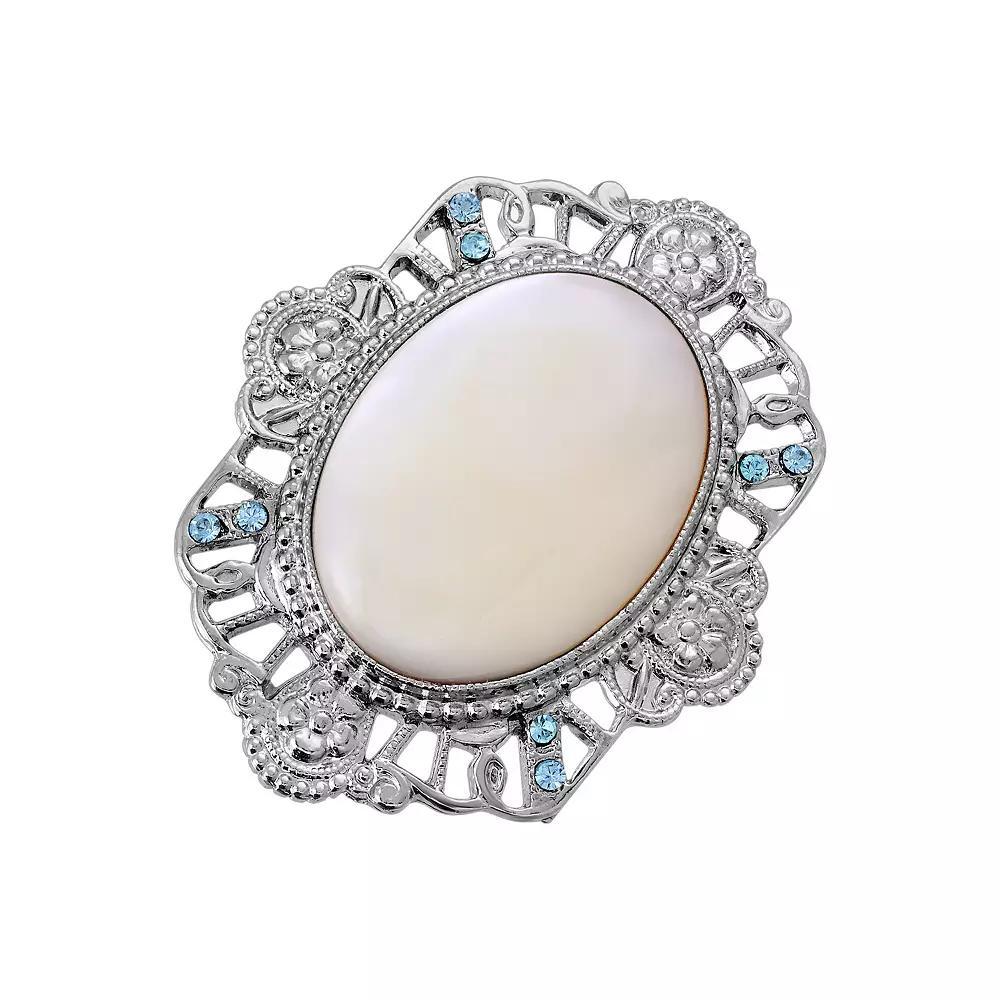 1928 Silver Tone Mother Of Simulated Pearl Oval Pin, Womens, White Product Image