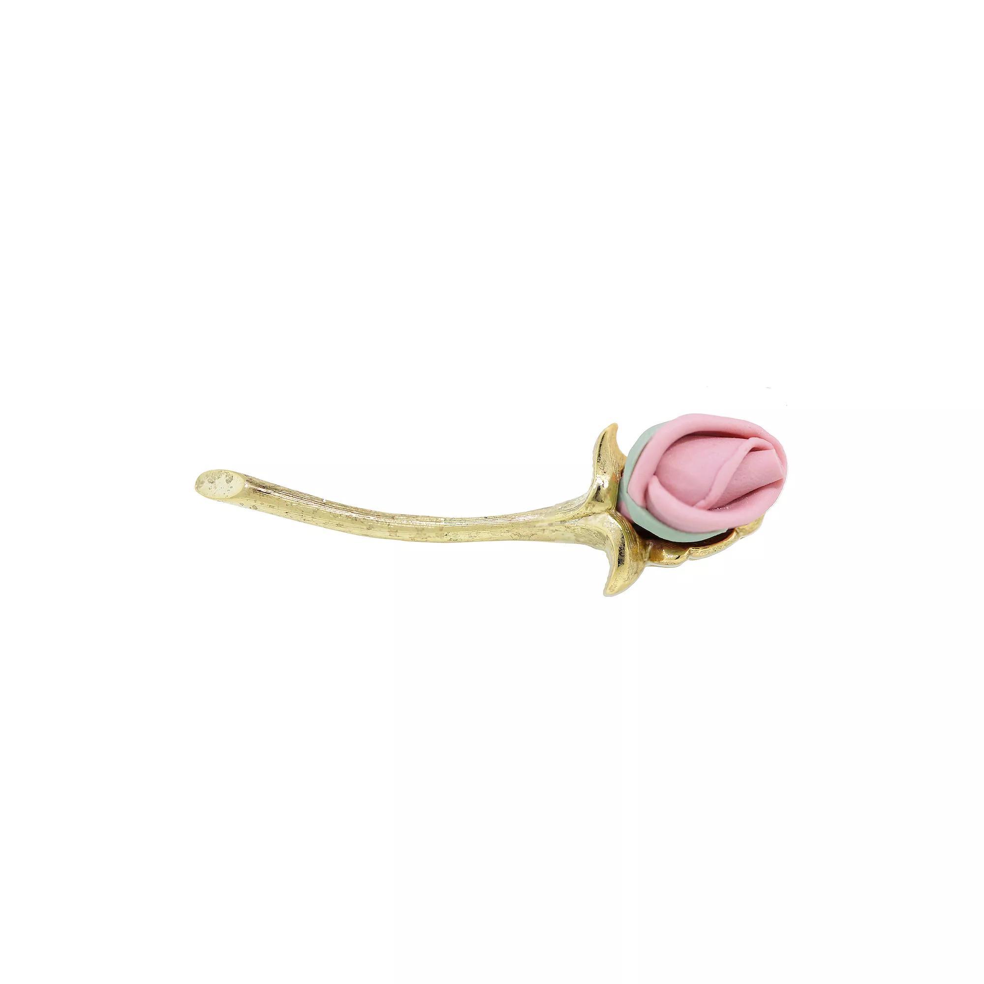 1928 Gold Tone Pink Long Stem Porcelain Rose Pin, Womens Product Image