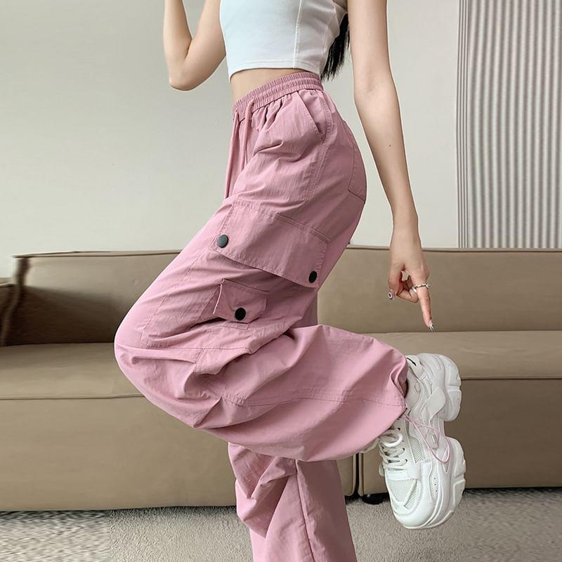 High Rise Plain Drawstring Wide Leg Cargo Pants Product Image