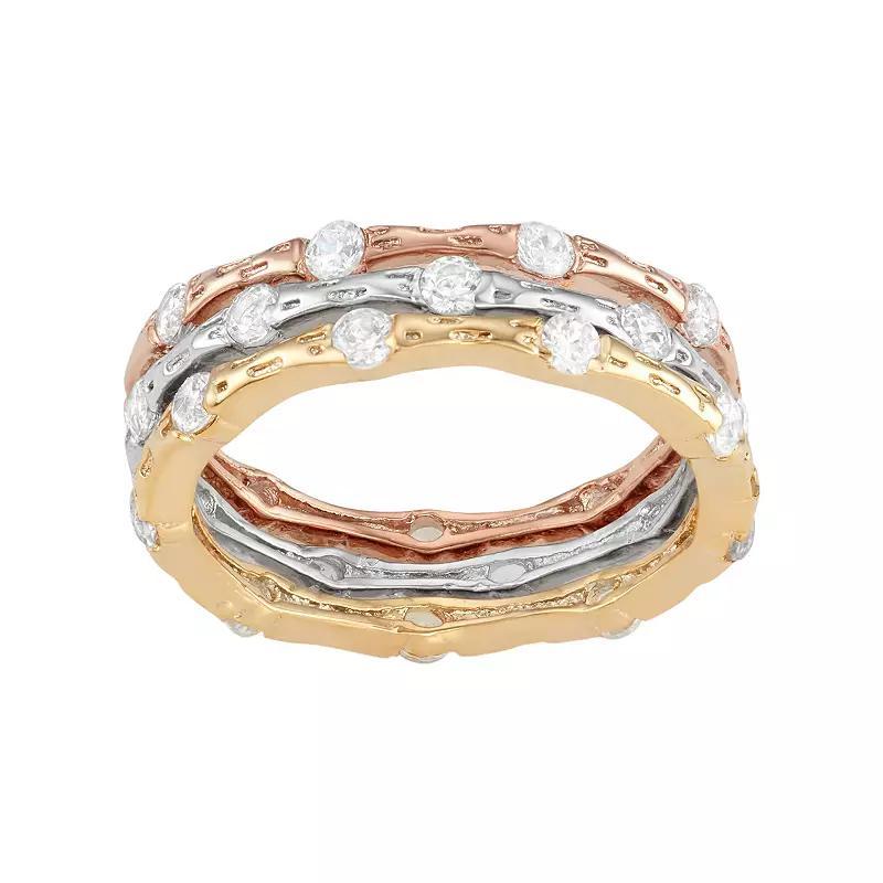 Cubic Zirconia Tri-Tone Sterling Silver Textured Stack Ring Set, Women's, Size: 7, Multicolor Product Image