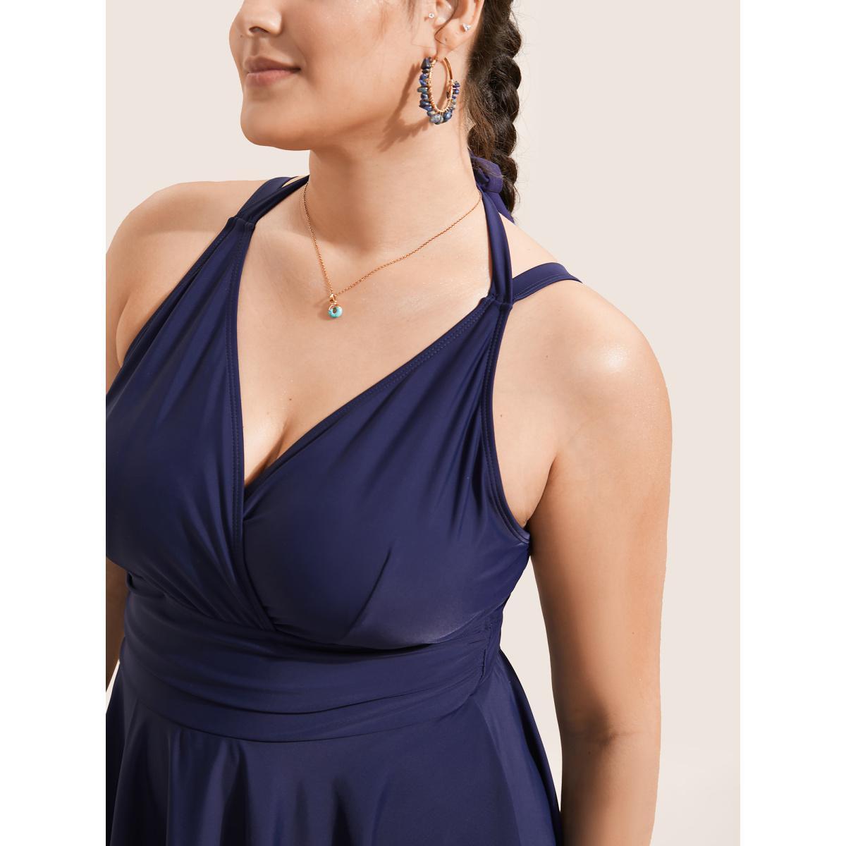 Plus Size Solid Ruffle Hem Empire Waist Halter Neck Swim Dress Women's Swimwear Indigo Beach Bodycon Halter neck High stretch Curve Swim Dresses BloomChic 12/L Product Image