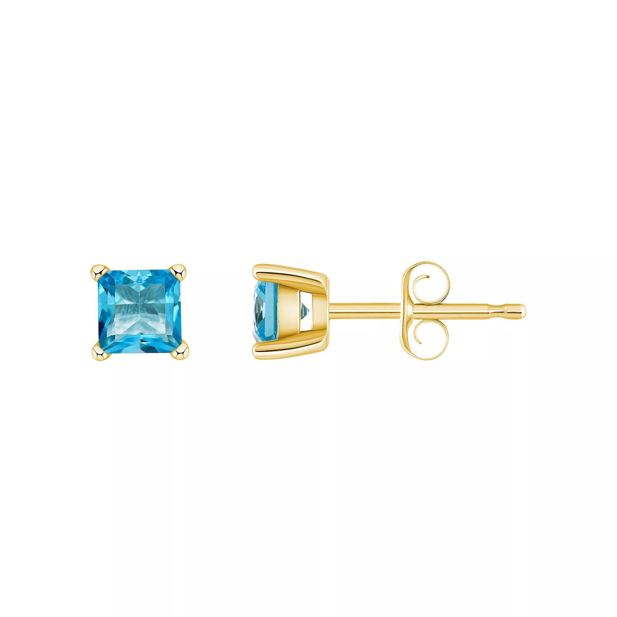 14k Gold 4 mm Princess Cut Swiss Blue Topaz Stud Earrings, Women's, 14k Yellow Gold Product Image