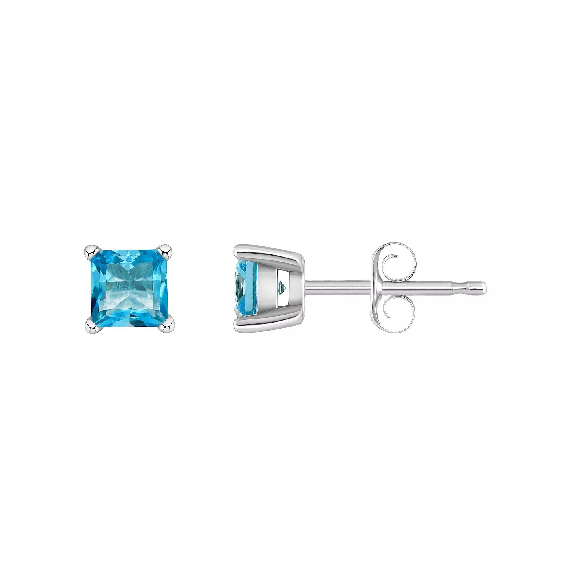14k Gold 4 mm Princess Cut Swiss Blue Topaz Stud Earrings, Women's, 14k Yellow Gold Product Image