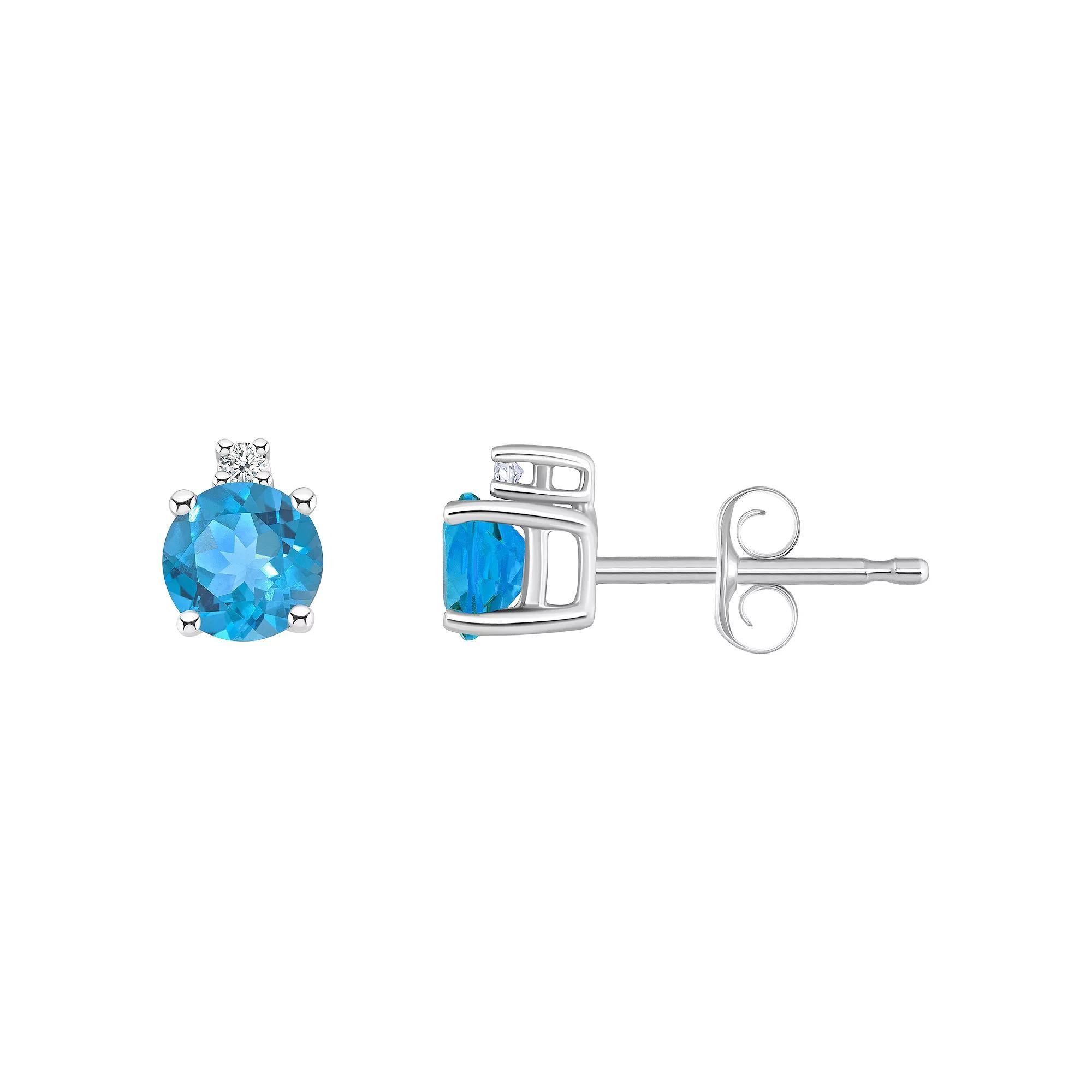 14k Gold 4 mm Round Birthstone & 1/10 Carat T.W. Diamond Stud Earrings, Women's, Blue Topaz Dec Product Image