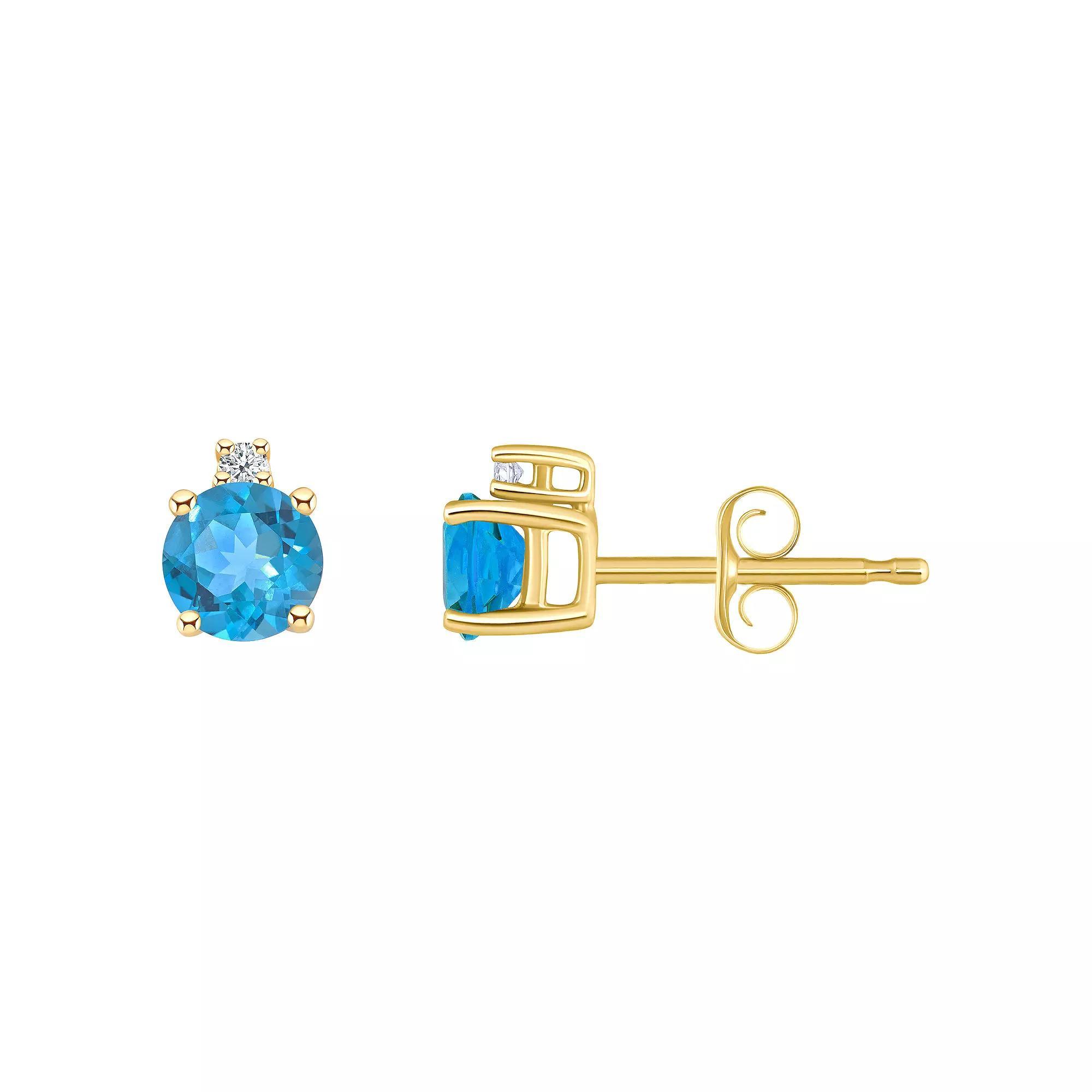 14k Gold 4 mm Round Birthstone & 1/10 Carat T.W. Diamond Stud Earrings, Women's, Blue Topaz Dec Product Image