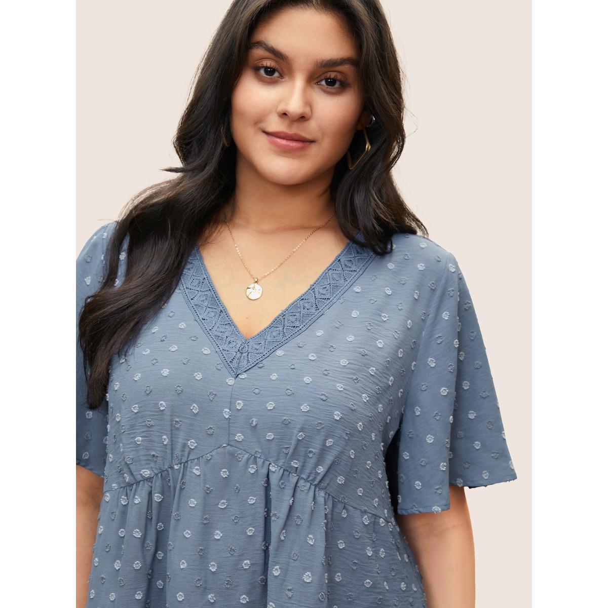 Plus Size Stone Polka Dot Textured Lace Panel Blouse Women Casual Short sleeve V-neck Everyday Blouses BloomChic 12/L Product Image