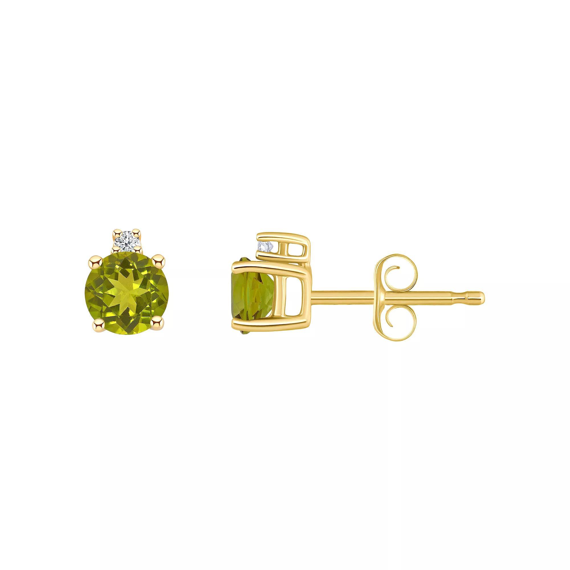 14k Gold 4 mm Round Birthstone & 1/10 Carat T.W. Diamond Stud Earrings, Women's, Green May Product Image