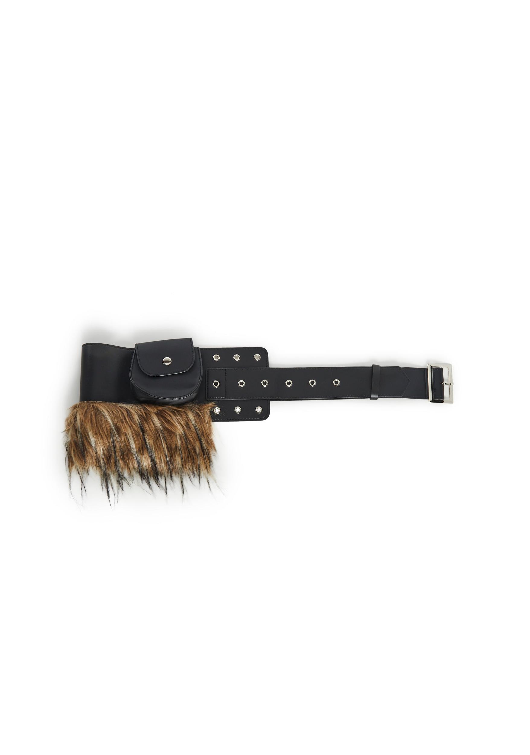 Festival Vegan Leather Faux Fur Belt WIth Pouch Club Exx - Black Product Image