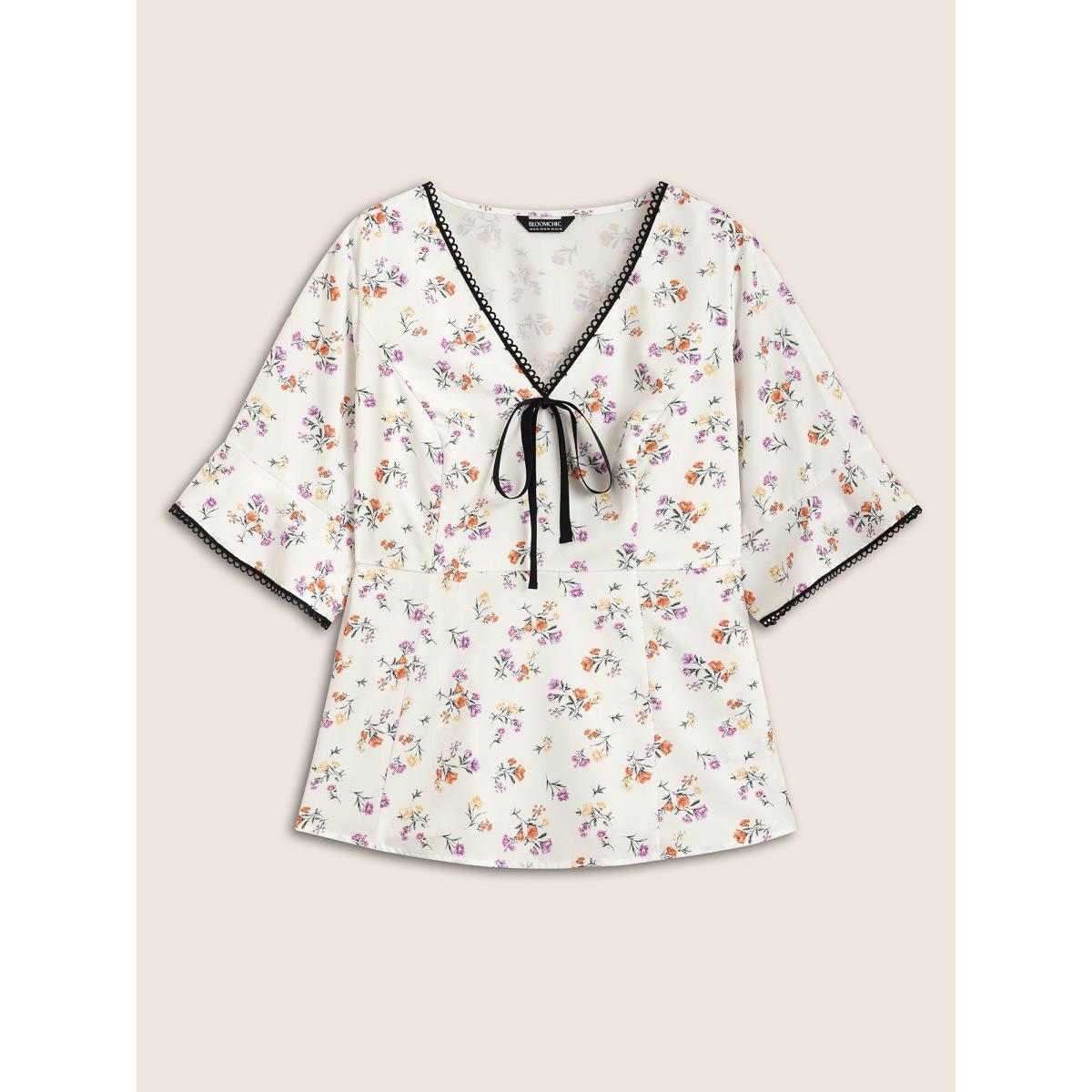 Plus Size Multicolor Floral Print Bowknot Bell Sleeve Blouse Women Elegant Half Sleeve V-neck Everyday Blouses BloomChic 18-20/2X Product Image