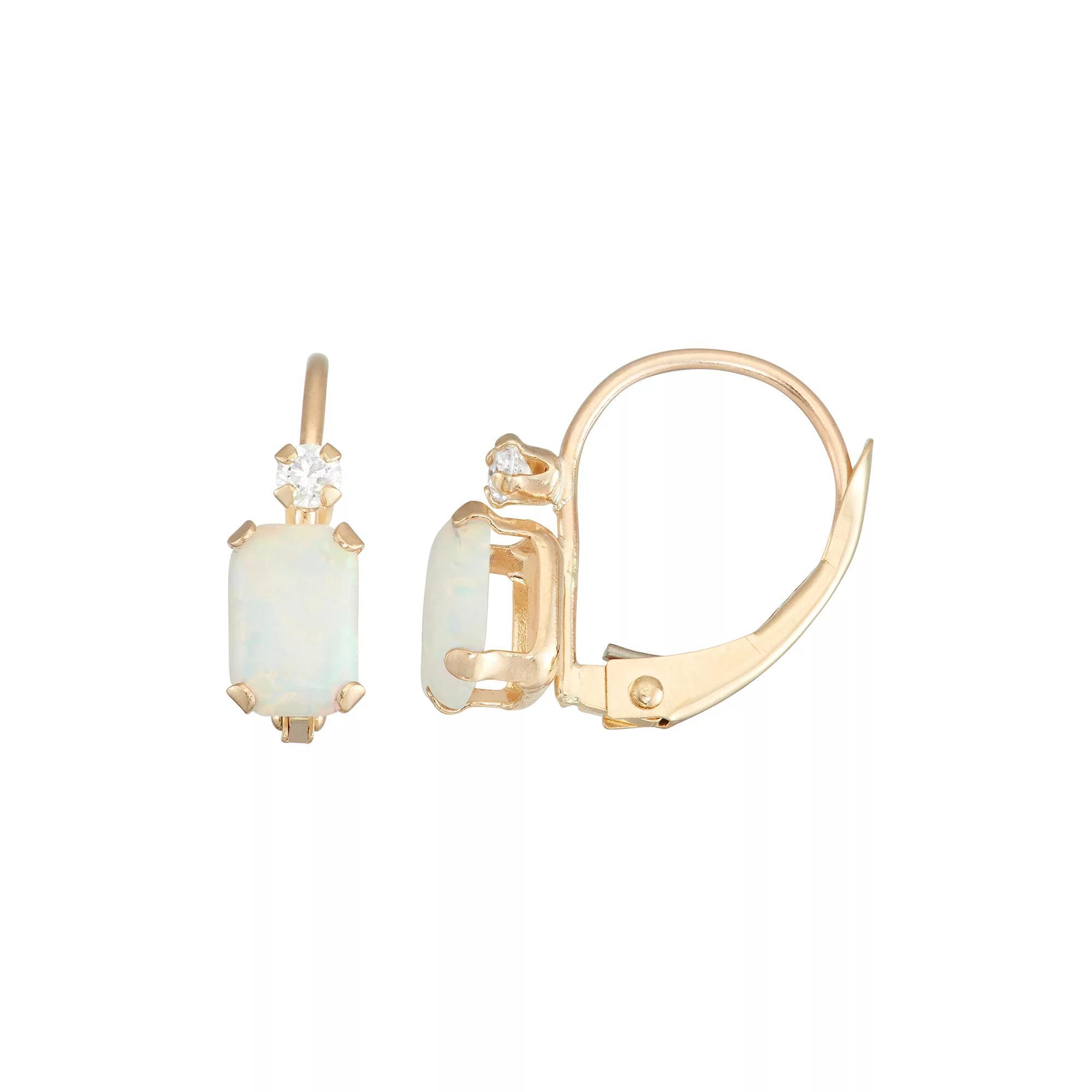 Designs by Gioelli 10k Gold Emerald-Cut Lab-Created Opal & White Zircon Leverback Earrings, Women's Product Image