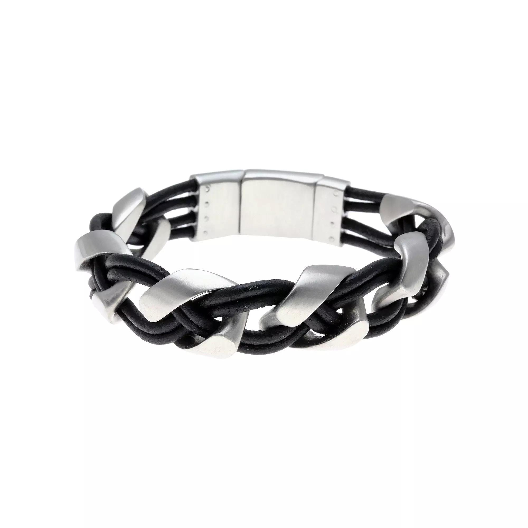 Men's LYNX Two Tone Sterling Silver Braided Black Leather Bracelet, Size: 9" Product Image