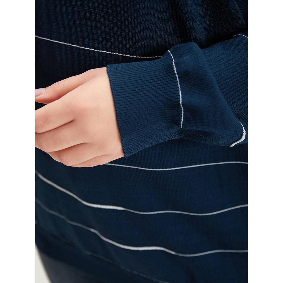 Plus Size Striped Metal Button Detail Elastic Cuffs Pullover Navy Women Casual Loose Long Sleeve Round Neck Everyday Pullovers BloomChic 10/M Product Image