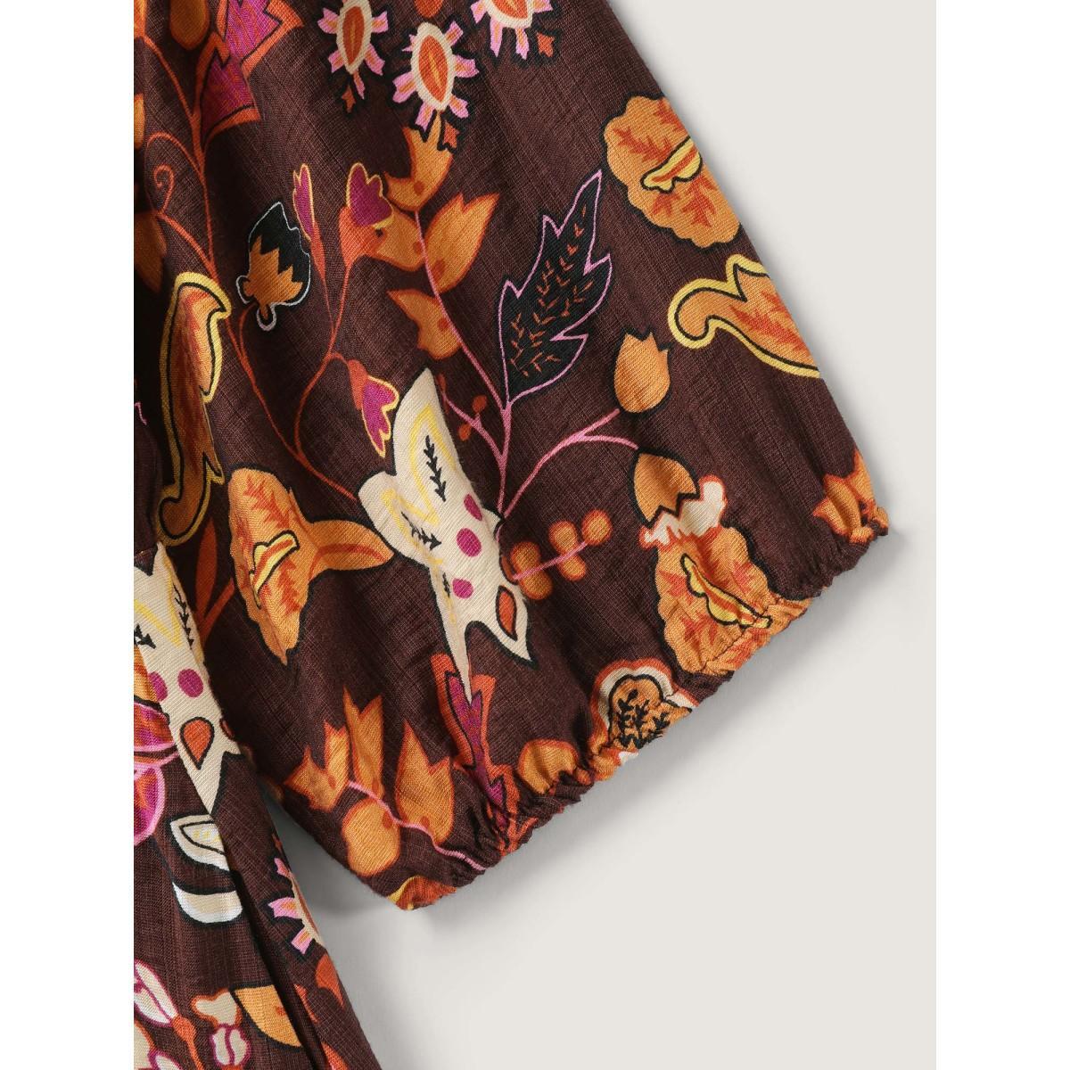 Plus Size Boho Print Stretchy Waist Maxi Dress Browncoffeecolor Women Woven ribbon&lace trim Flat collar with V-notch Elbow-length sleeve Curvy BloomChic 10/M Product Image