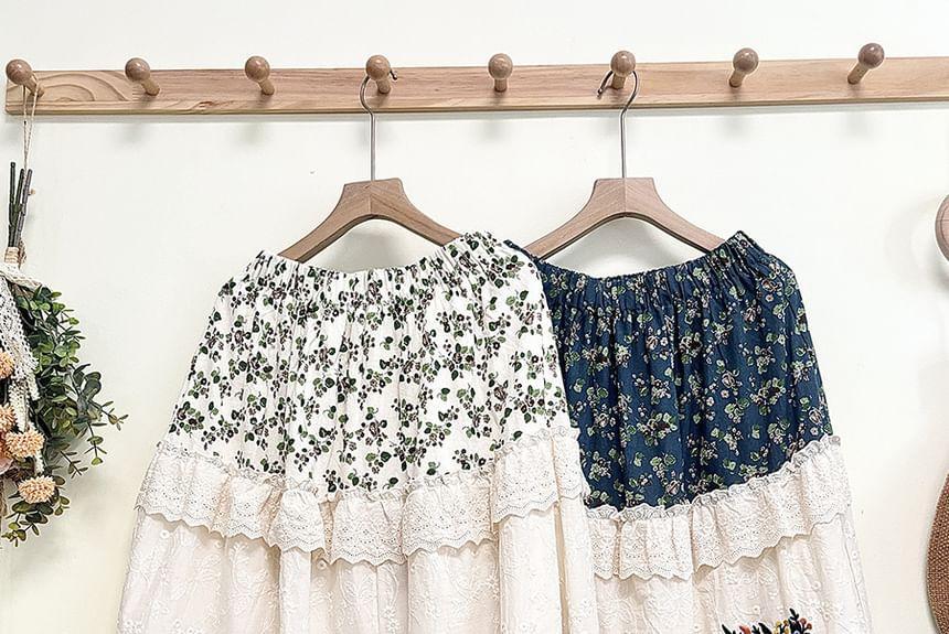 High Rise Floral Print Lace Panel Embroidered Midi A-Line Skirt Product Image