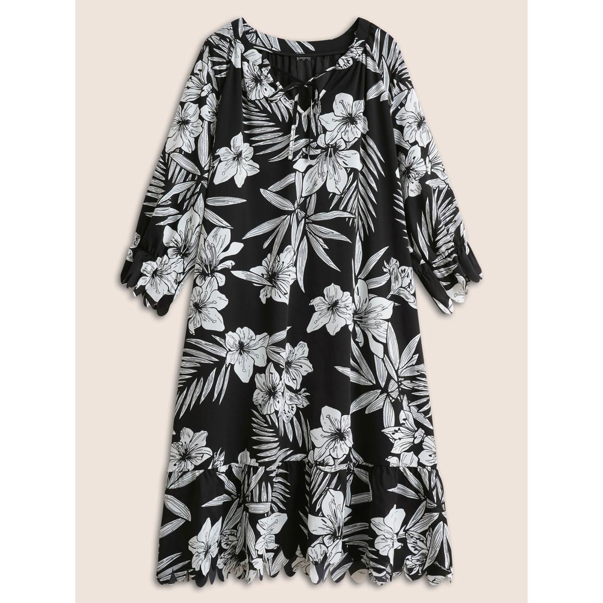 Plus Size Floral Print Tie Neck Scalloped Trim Dress BlackFlower Women Resort Non V-neck Elbow-length sleeve Curvy Midi Dress BloomChic 18-20/2X Product Image