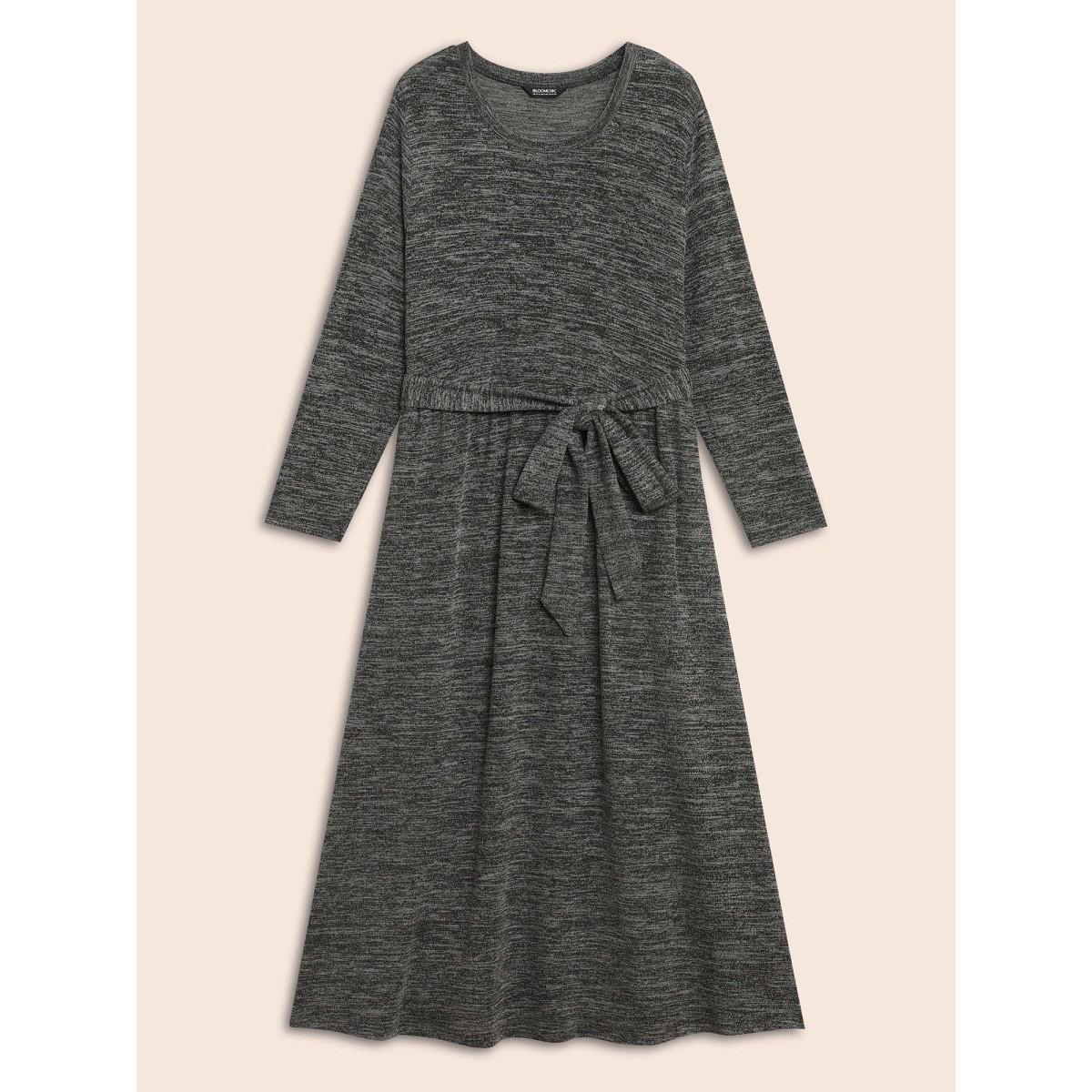 Plus Size Round Neck Heather Belted Dress DimGray Women At the Office Texture Round Neck Long Sleeve Curvy BloomChic 18-20/2X Product Image