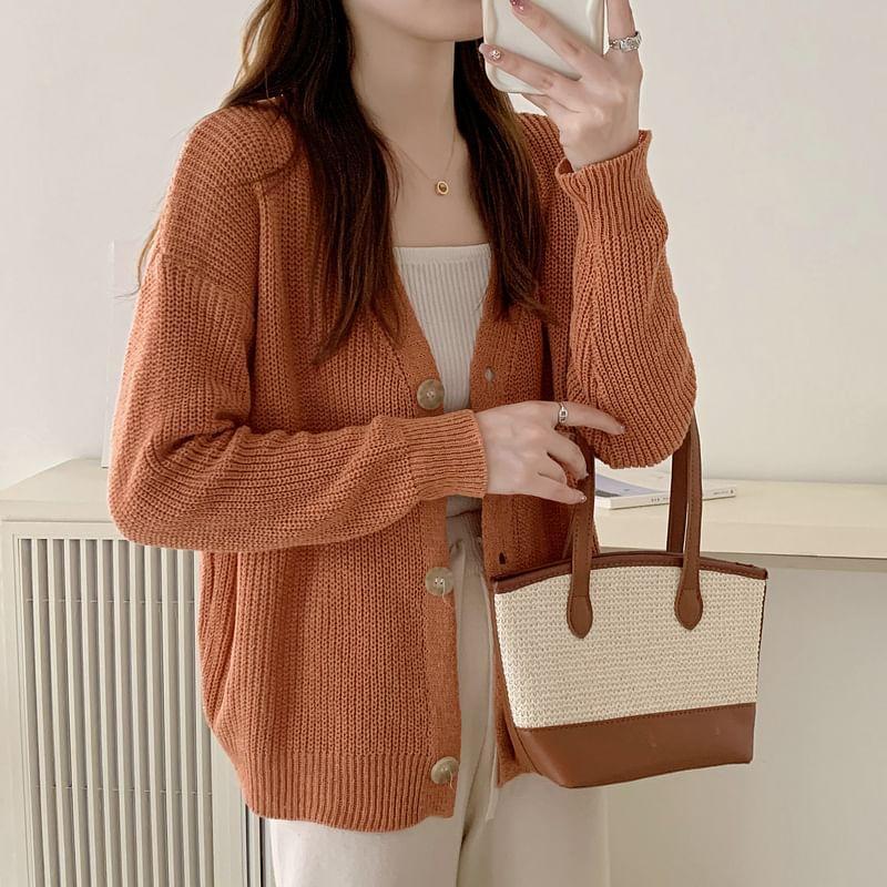 V-Neck Plain Button Down Cardigan Product Image