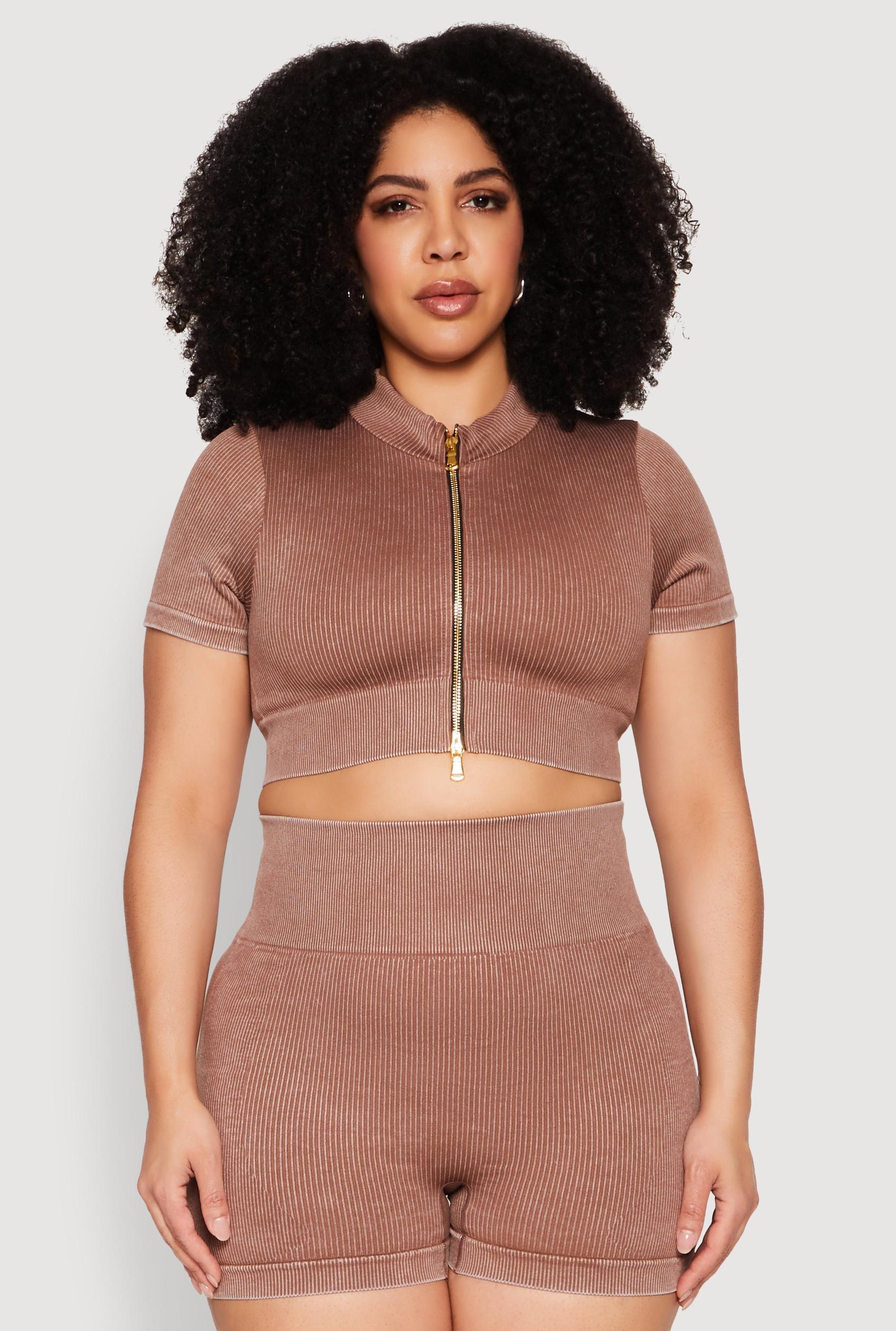 Womens Plus Size Daisy Mineral Wash Seamless Zip Front Top Product Image