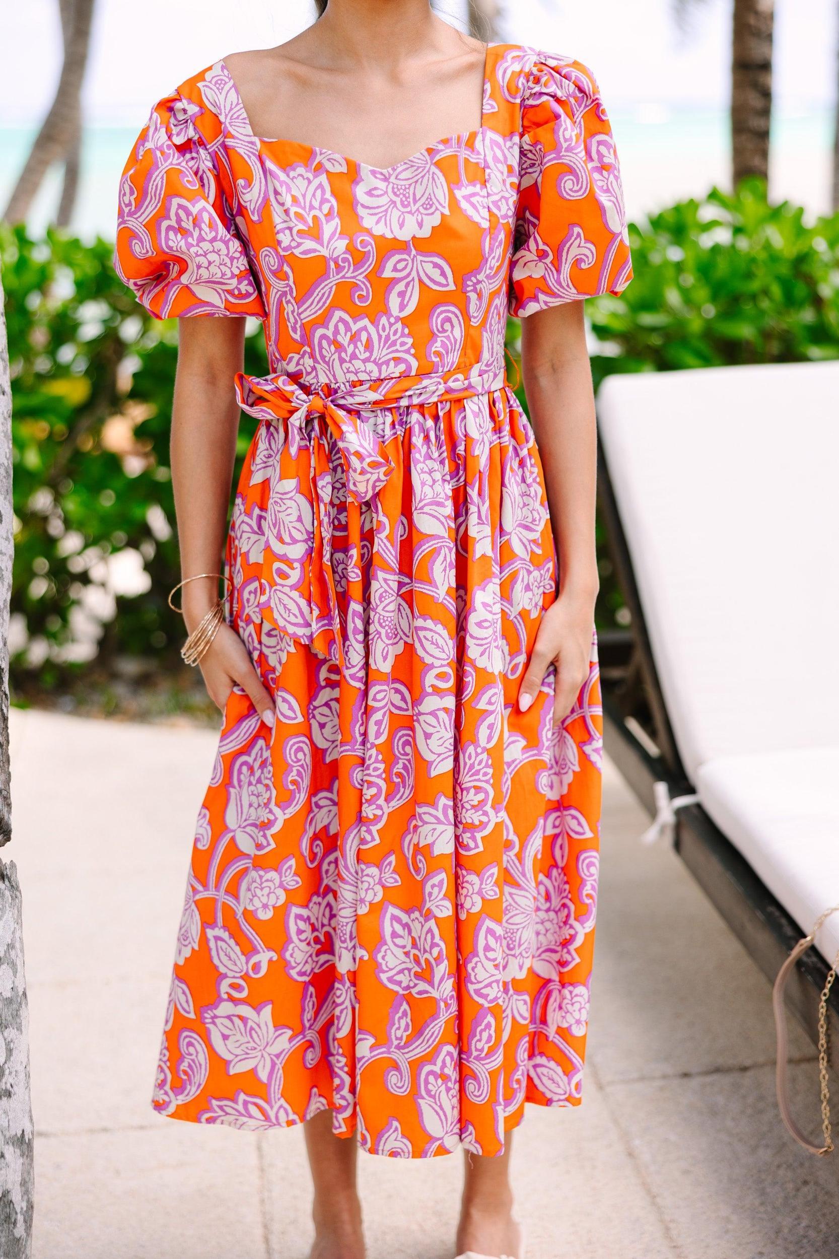 All For Love Orange Floral Midi Dress Female Product Image