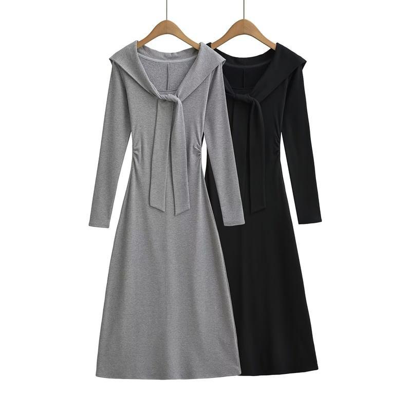 Long-Sleeve Tie-Neck Plain Midi A-Line Dress Product Image