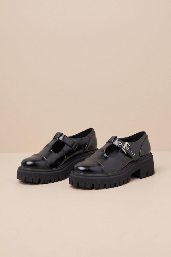 Georgio Black Lug Sole T-Strap Loafers Product Image