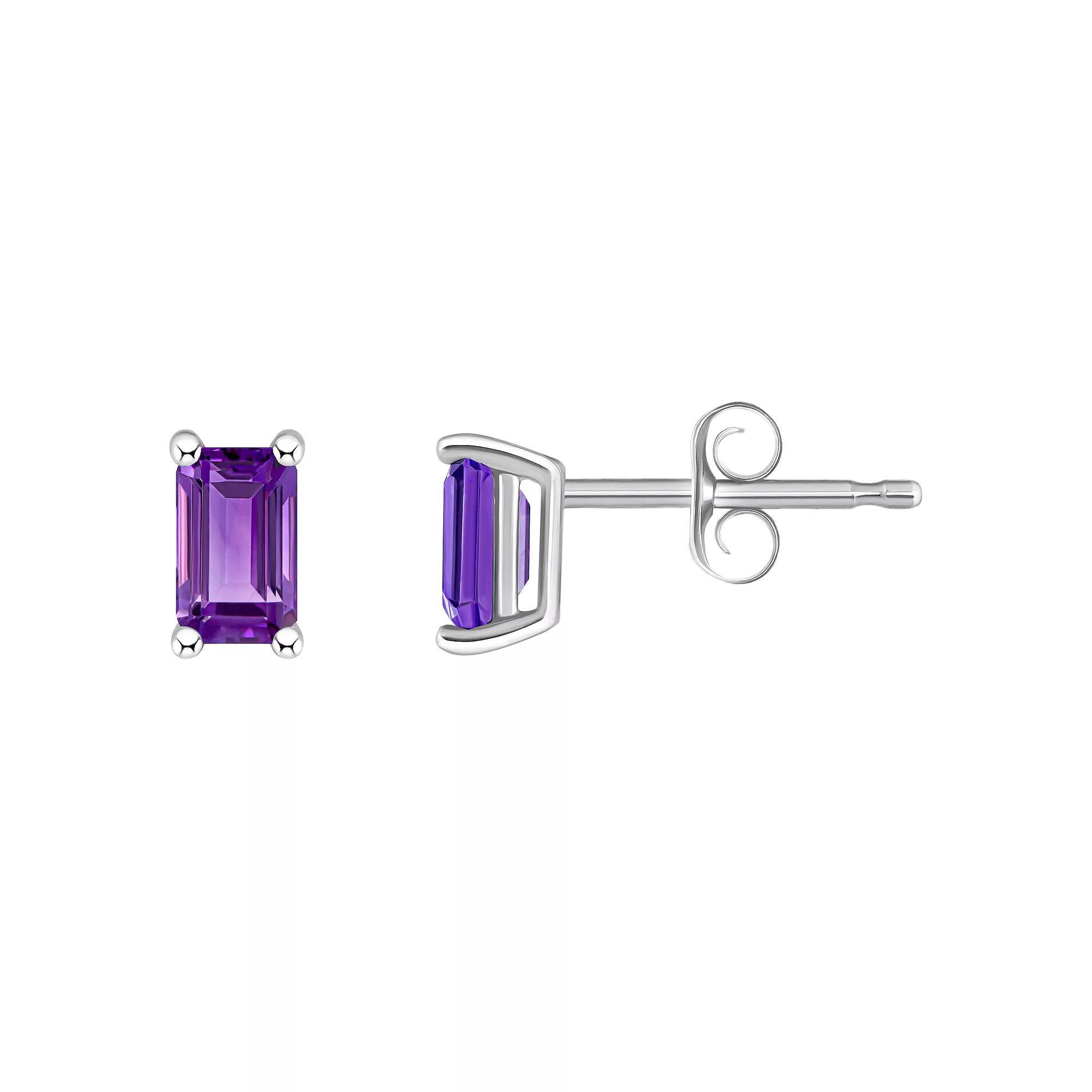 14k White Gold Emerald Cut Birthstone Stud Earrings, Women's, Purple Feb Product Image