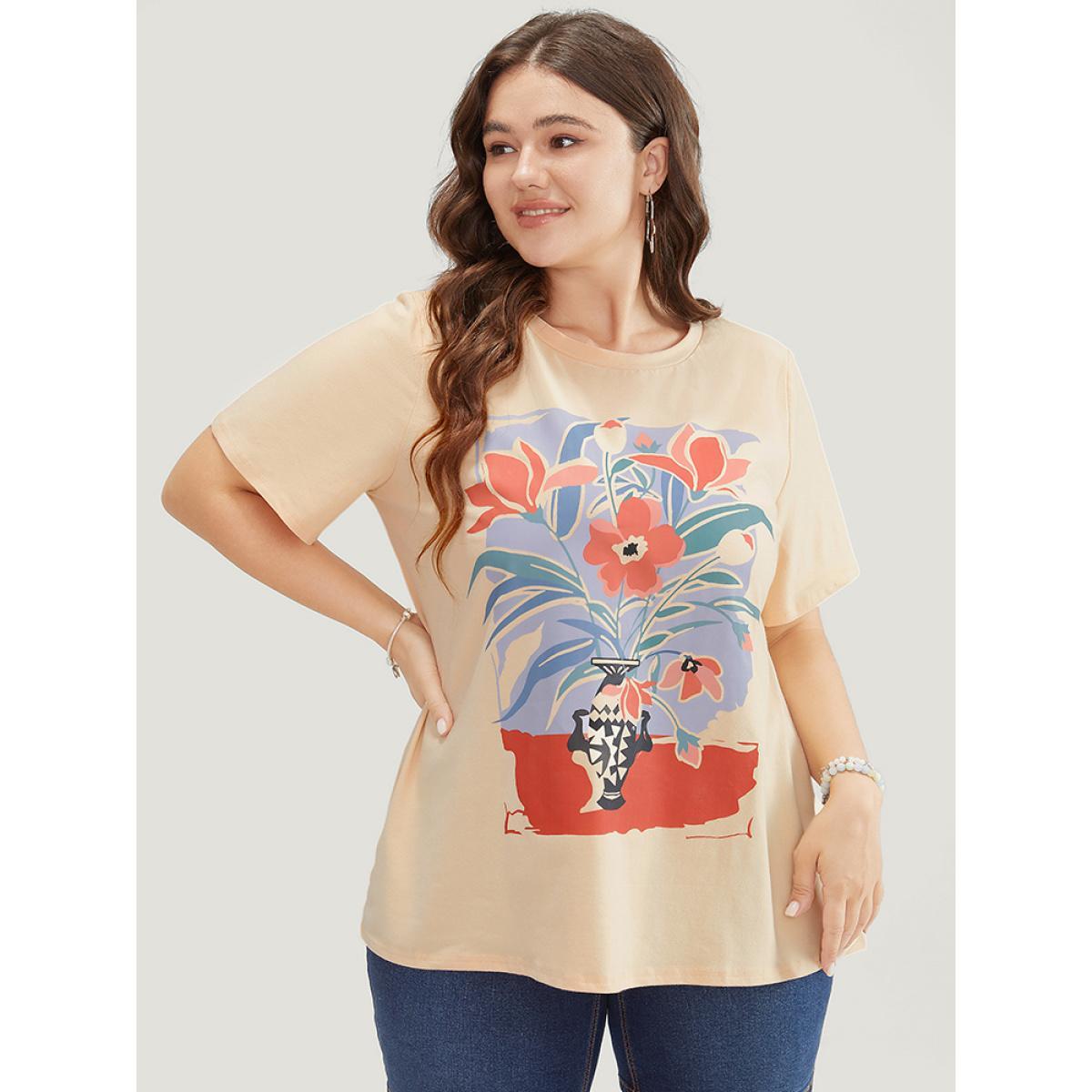 Plus Size Floral Print Drop Shoulder Soft Graphic Tee Champagne Women Casual Plain Natural Flowers Dailywear T-shirts BloomChic 18-20/2X Product Image