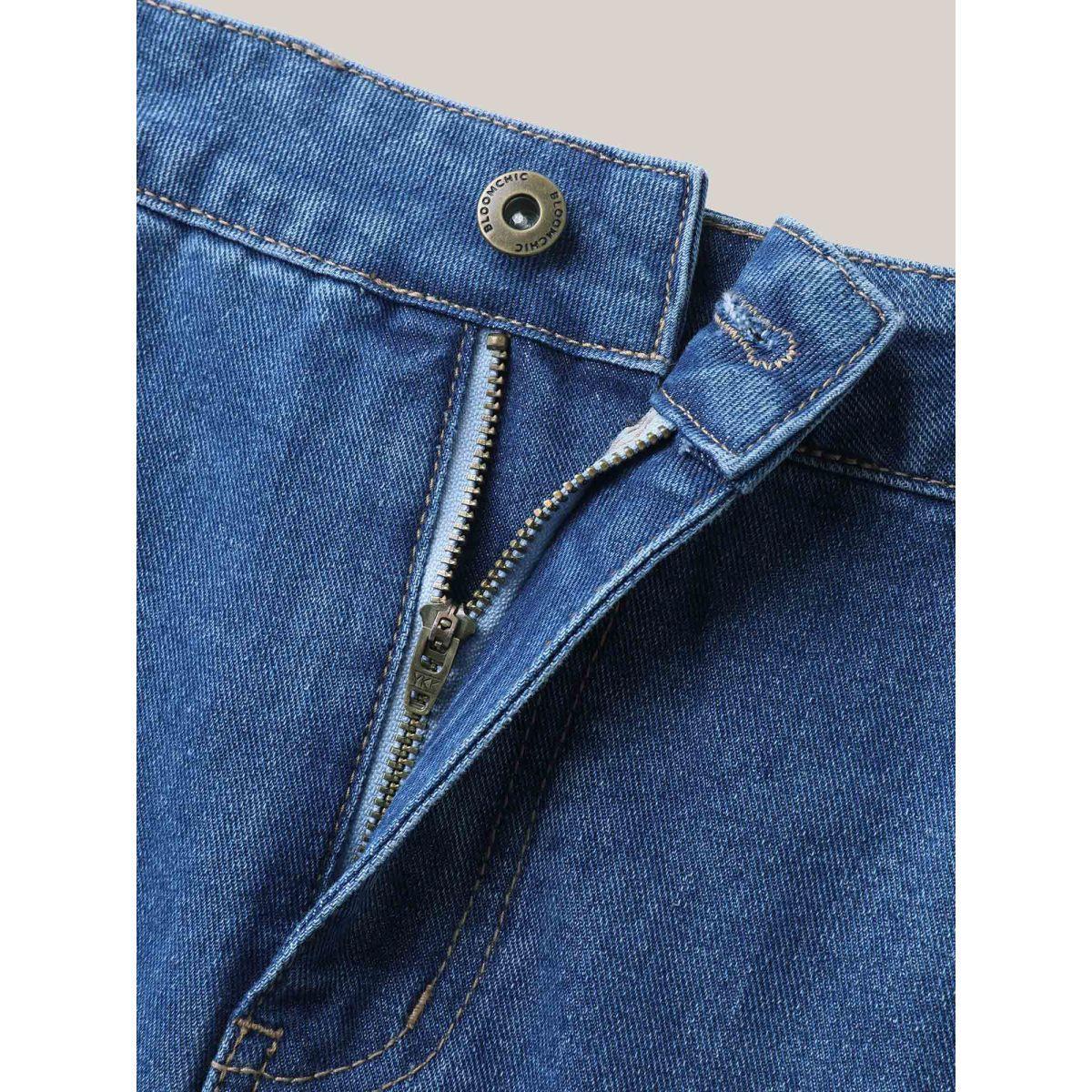 Plus Size A-Line Seamed Maxi Denim Skirt Women Midblue Everyday-Elegant No stretch Medium Wash 10/M Slanted pocket Denim Skirts BloomChic Product Image