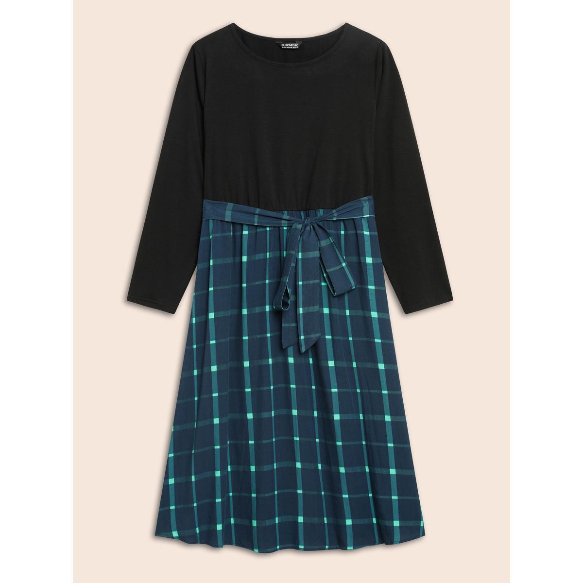 Plus Size Plaid Patchwork Belted Midi Dress Navy Women At the Office Belted Round Neck Long Sleeve Curvy BloomChic 14-16/1X Product Image
