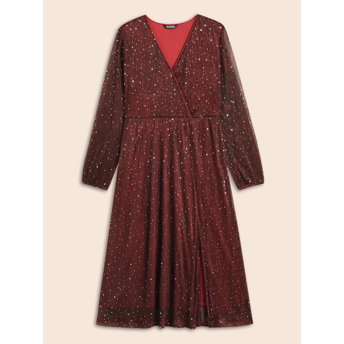Plus Size Stretchy Gold Foil Surplice Neckline Midi Dress Burgundy Women Cocktail Texture Party Curvy Bloomchic 12/L Product Image