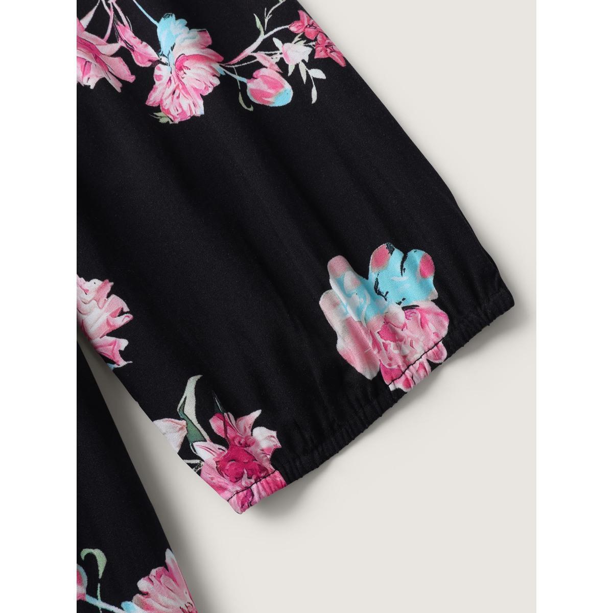 Plus Size Floral Adjustable Bust Drawstring Midi Dress Black Women Heart neckline Elbow-length sleeve Curvy BloomChic 18-20/2X Product Image