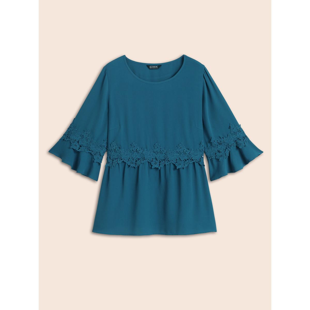 Plus Size Aegean Lace Detail Ruffled Round Neck Blouse Women Elegant Elbow-length sleeve Round Neck Everyday Blouses BloomChic 18-20/2X Product Image