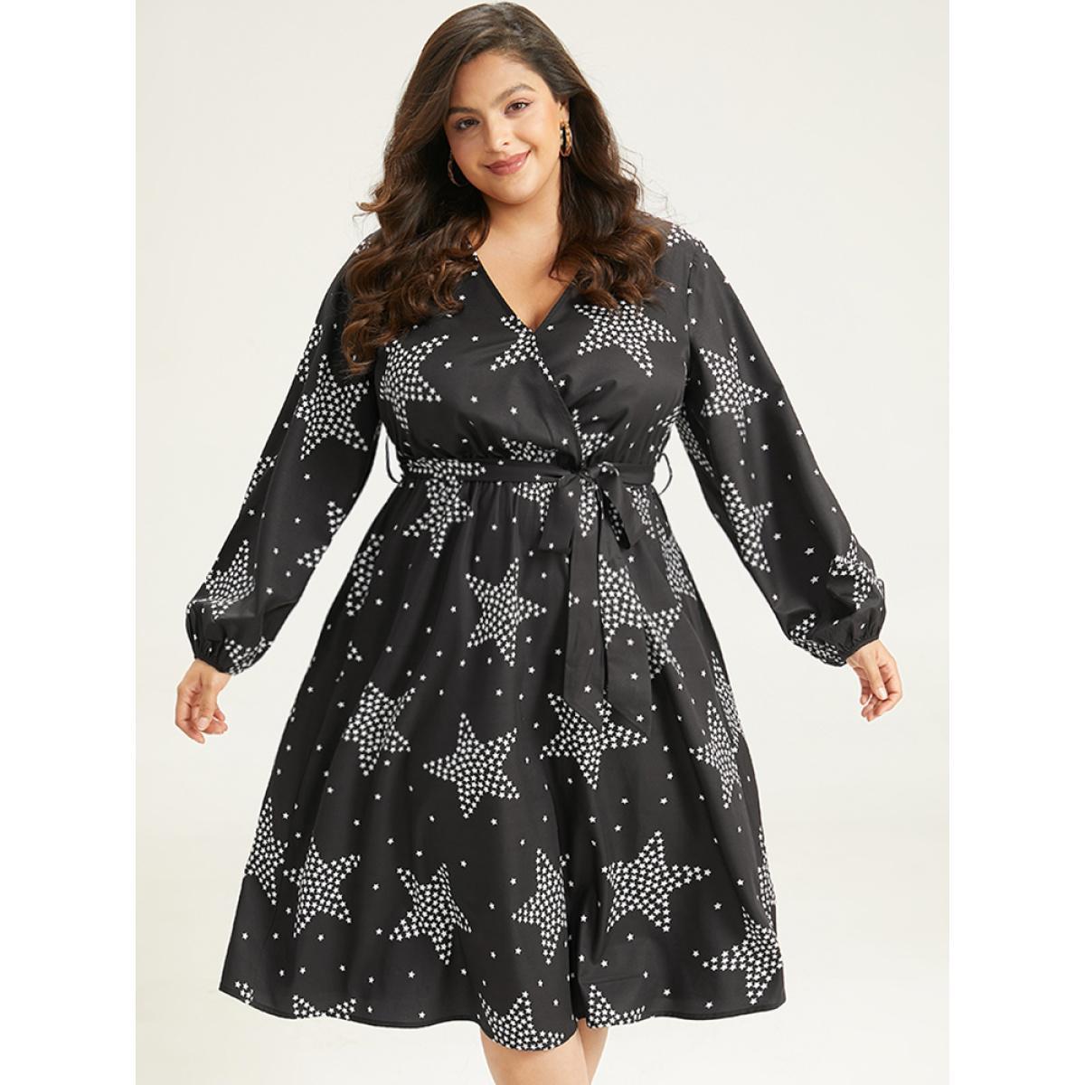 Plus Size Star Print Wrap Belted Lantern Sleeve Dress Black Women Casual Elastic cuffs V-neck Long Sleeve Curvy Midi Dress BloomChic 30/6X Product Image