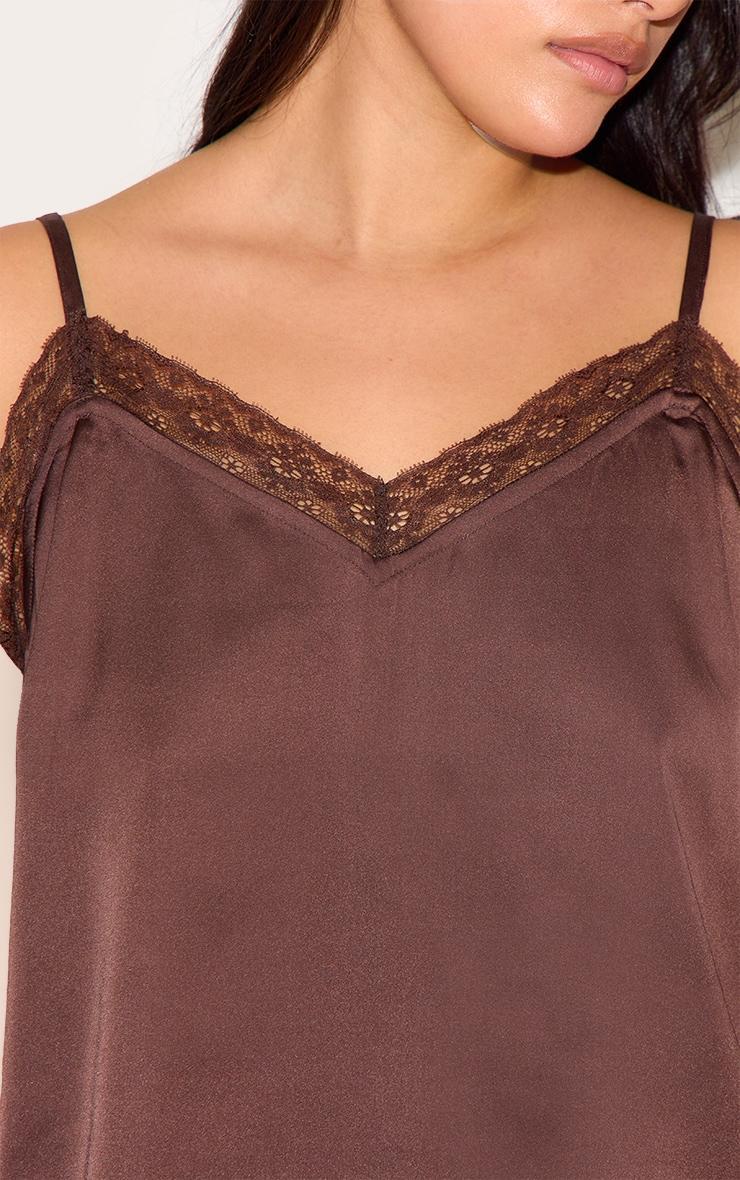 Plus Chocolate Satin Lace Trim Cami Long Pj Set Product Image