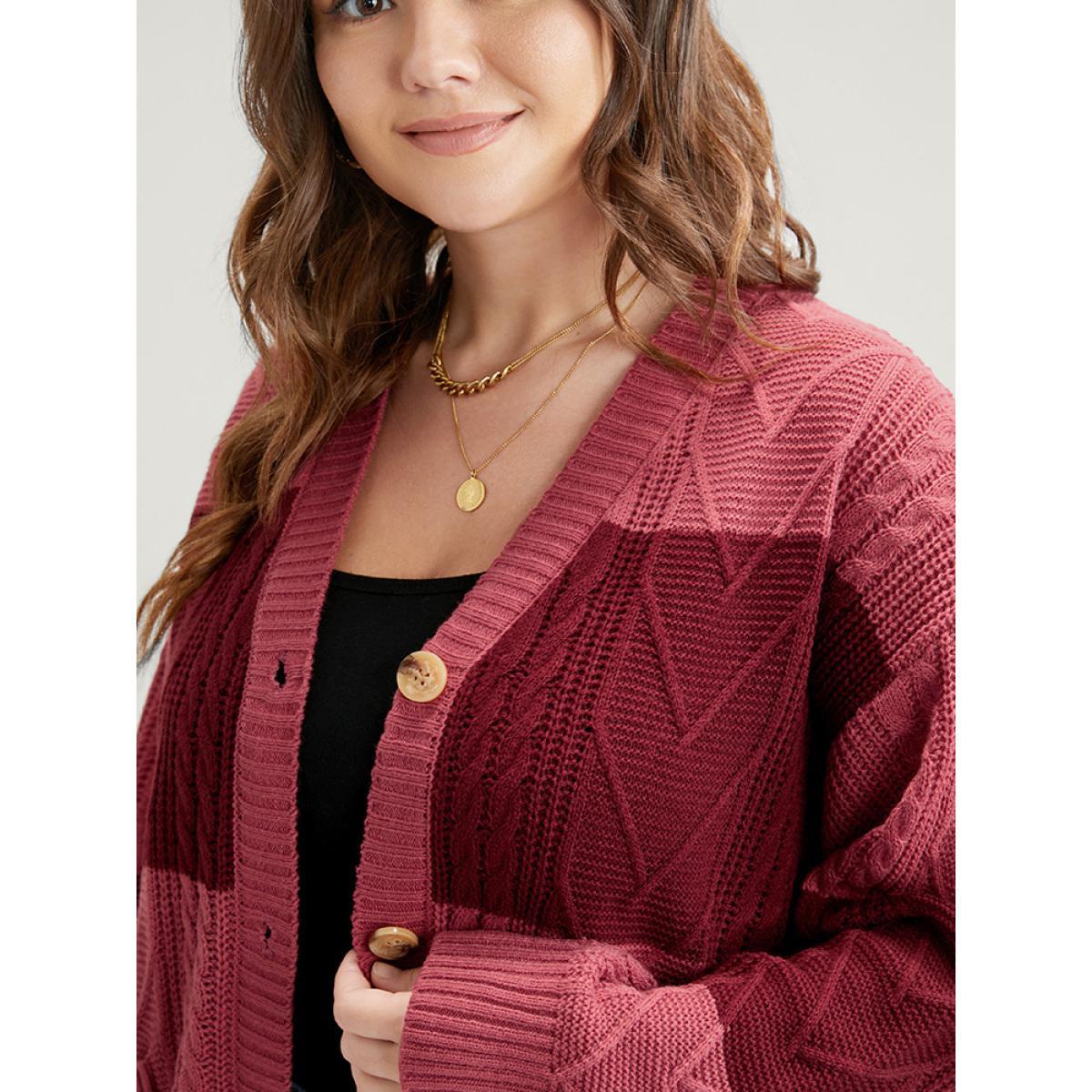 Plus Size Colorblock Contrast Pointelle Knit Pocket Button Front Cardigan Multicolor Women Casual Loose Long Sleeve Dailywear Cardigans BloomChic 18-20/2X Product Image