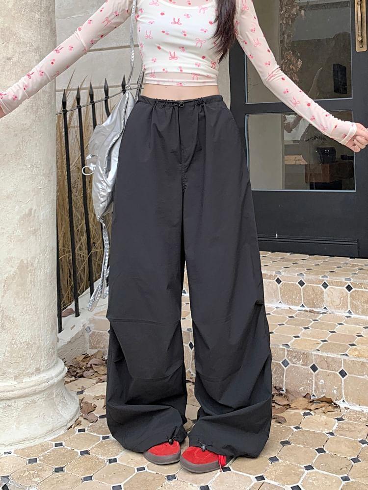 High Rise Plain Wide Leg Cargo Pants Product Image