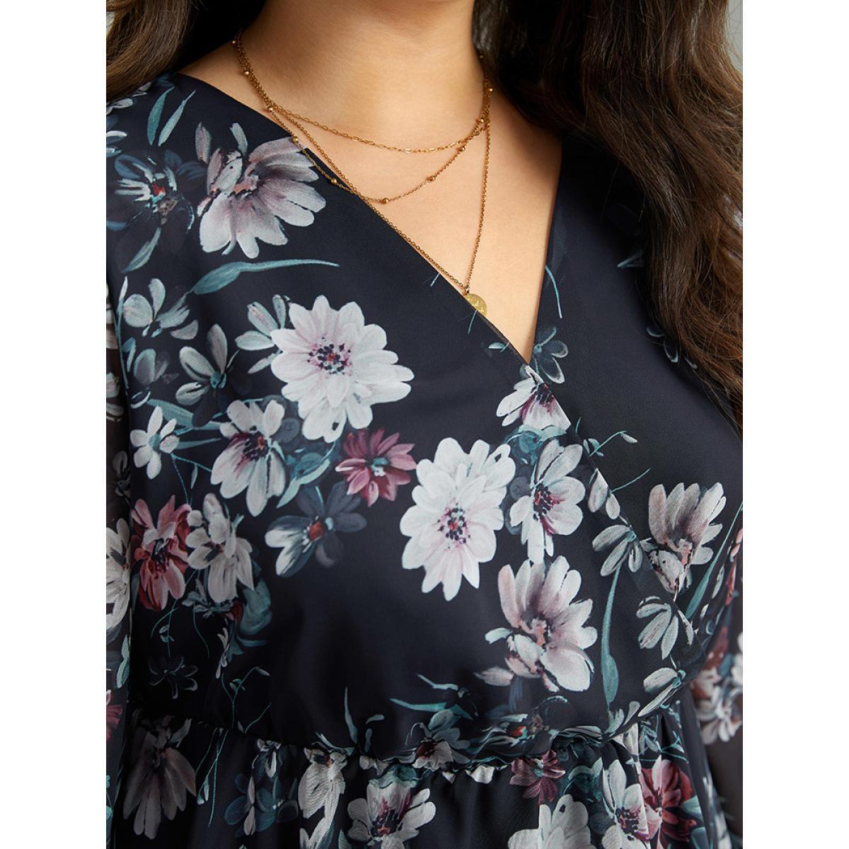 Plus Size Indigo Floral Print Elastic Waist Mesh Wrap Gathered Blouse Women Elegant Long Sleeve V-neck Dailywear Blouses BloomChic 14-16/1X Product Image