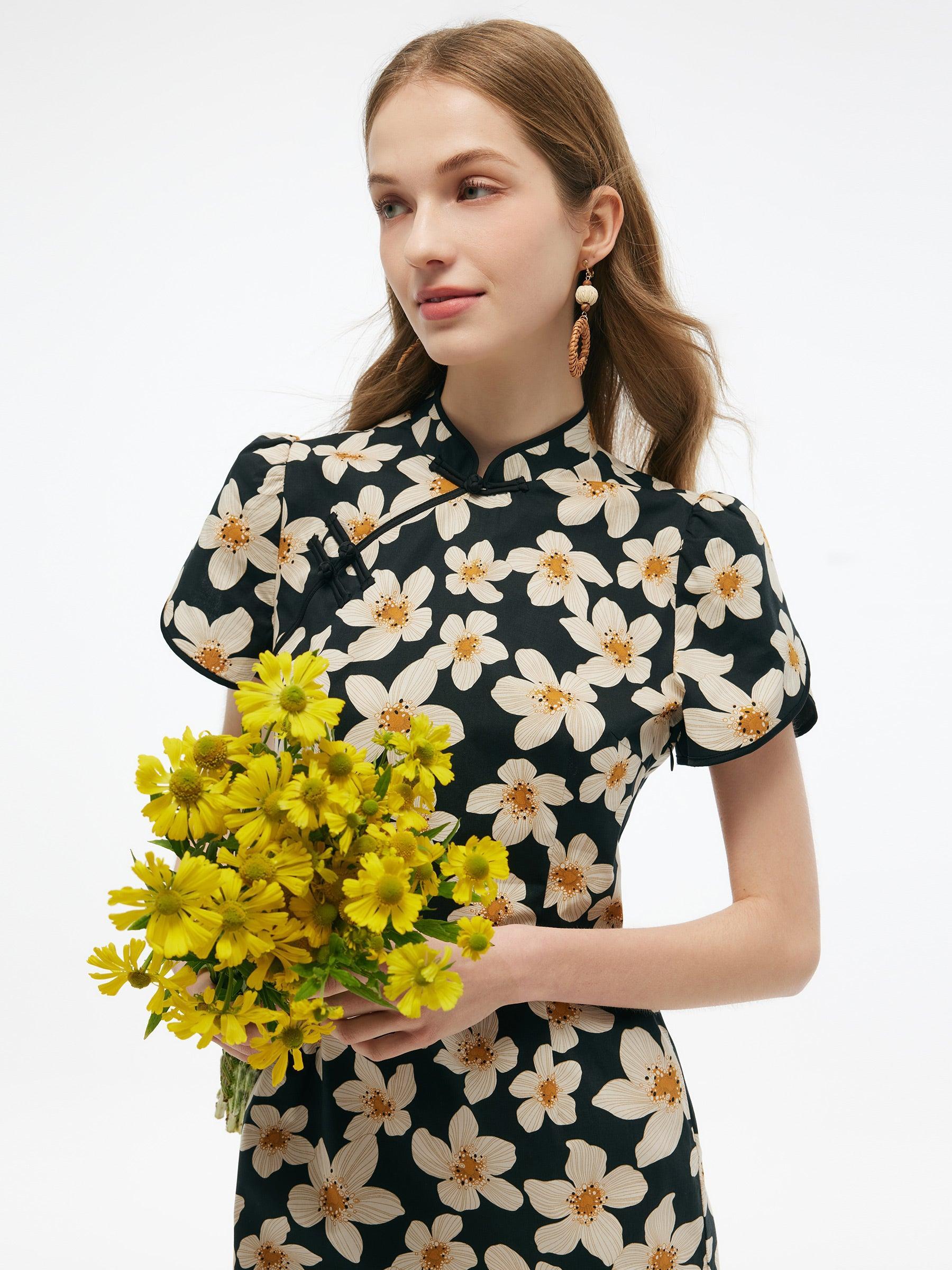 Cotton Floral Print Women Qipao Mini Dress Product Image